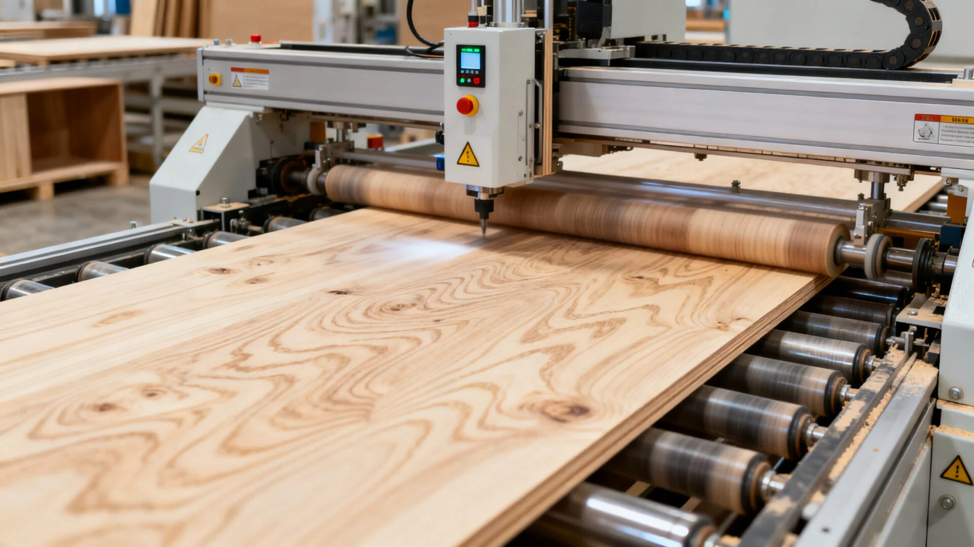 Automatic edge banding equipment operating on a continuous furniture production line