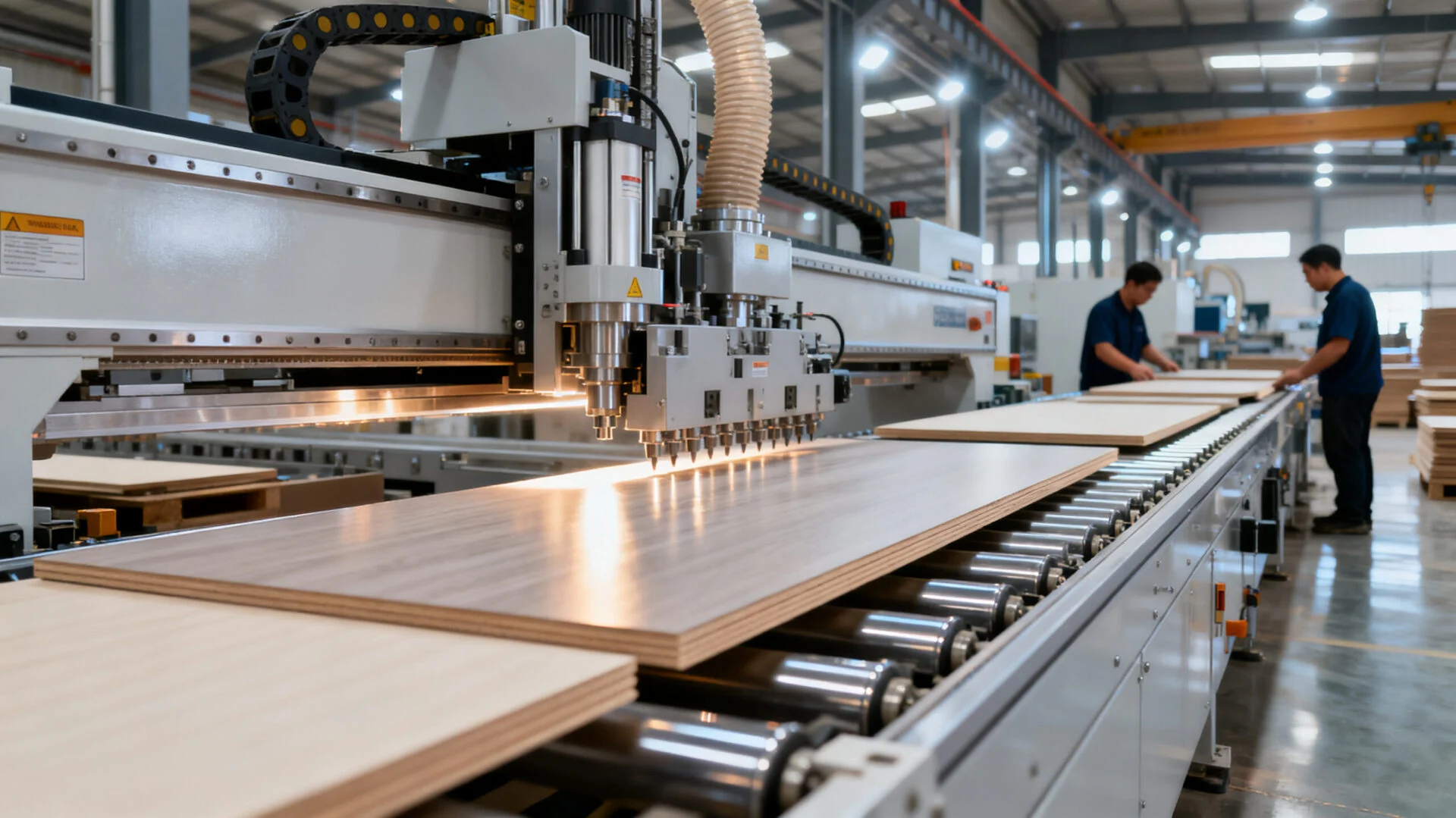 Automatic edge banding machine operating in a panel furniture factory