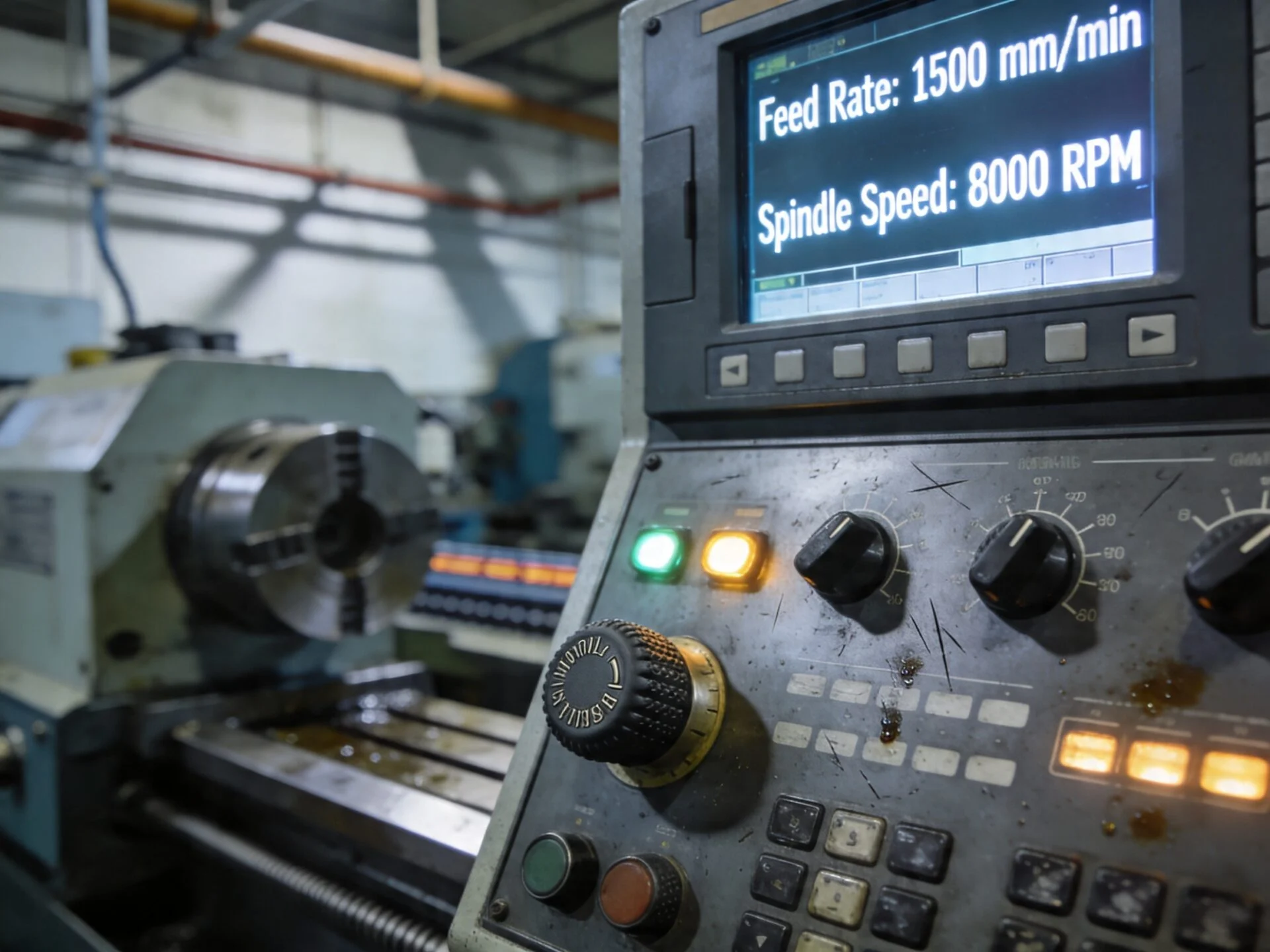 Close-up of CNC machine control panel with parameters