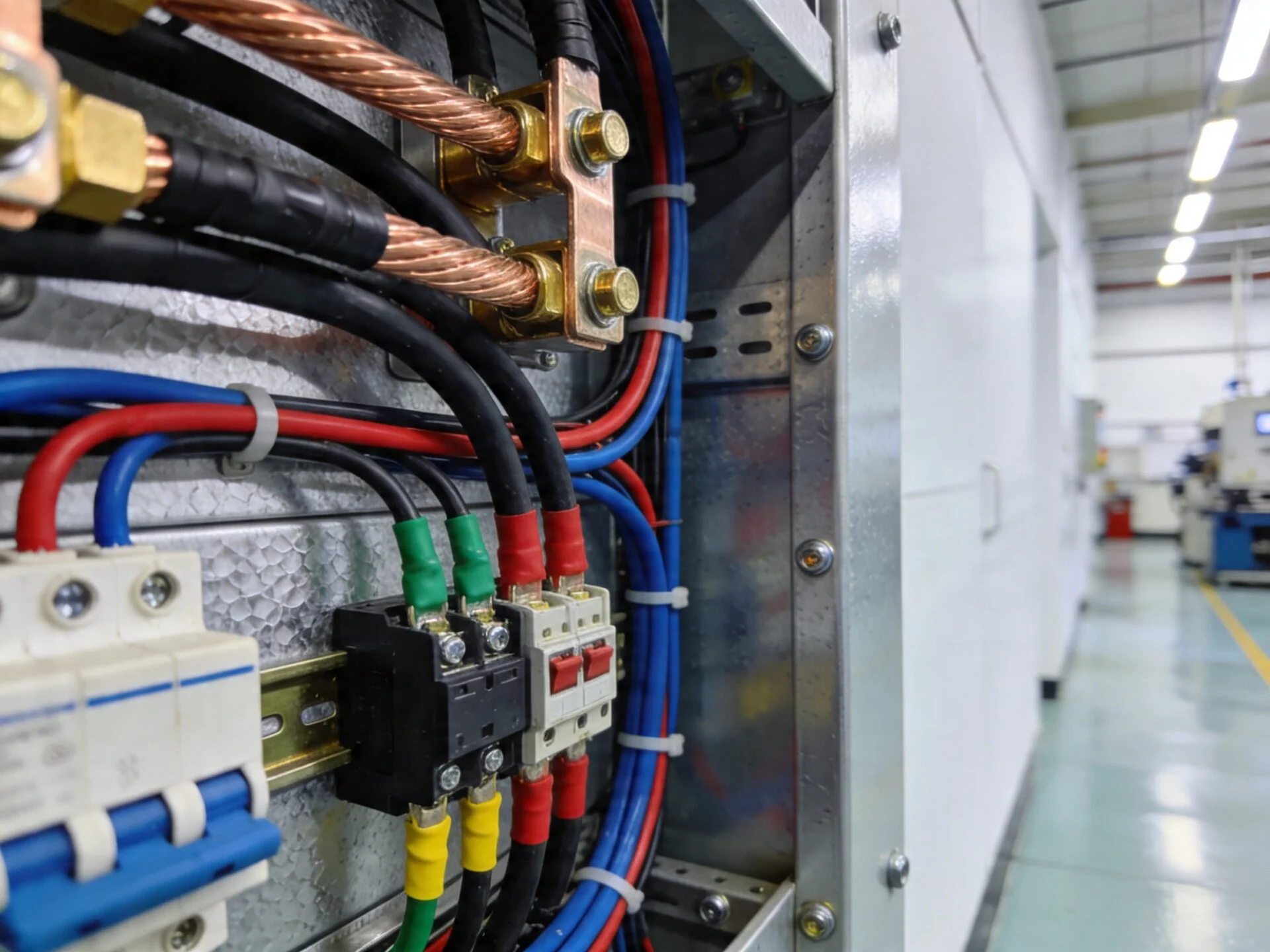 Close-up of electrical wiring and safety components in an industrial panel