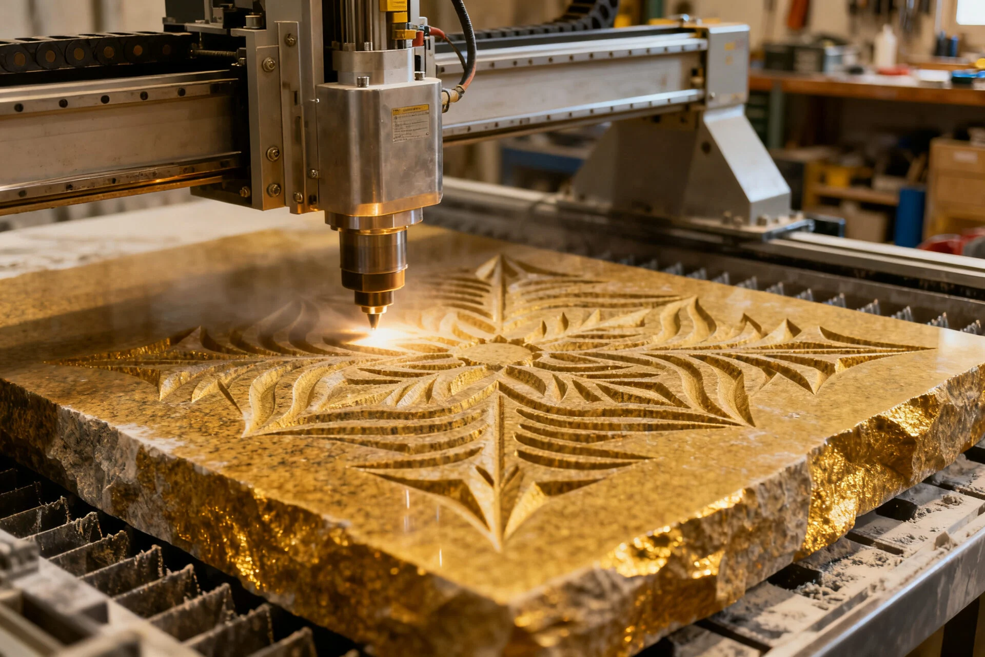 CNC machine engraving stone with detailed patterns