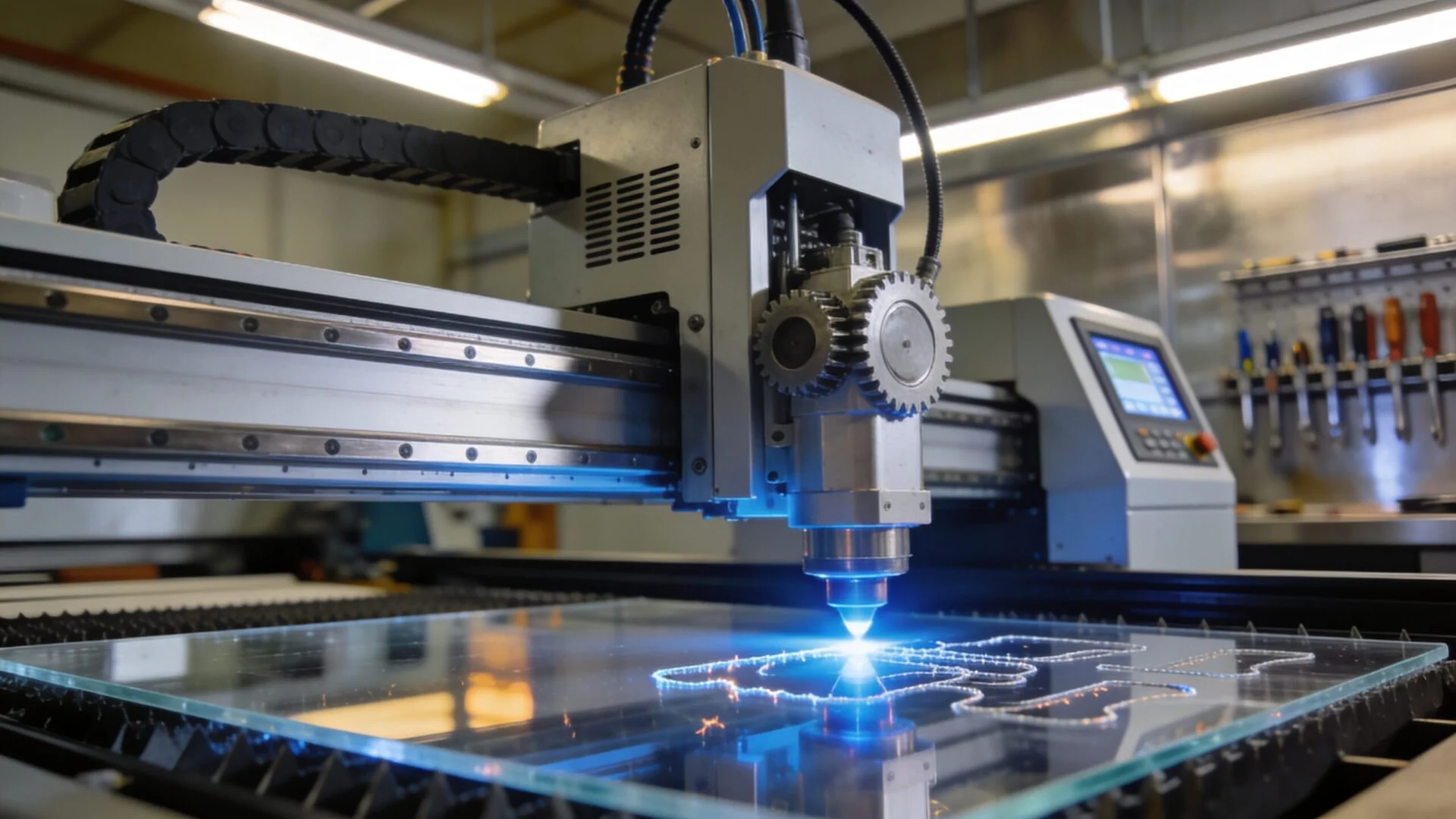 CO2 laser cutter processing acrylic sheet