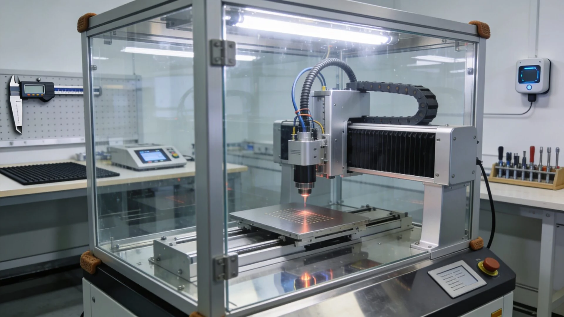 Enclosed industrial UV laser marking station for safe workplace integration