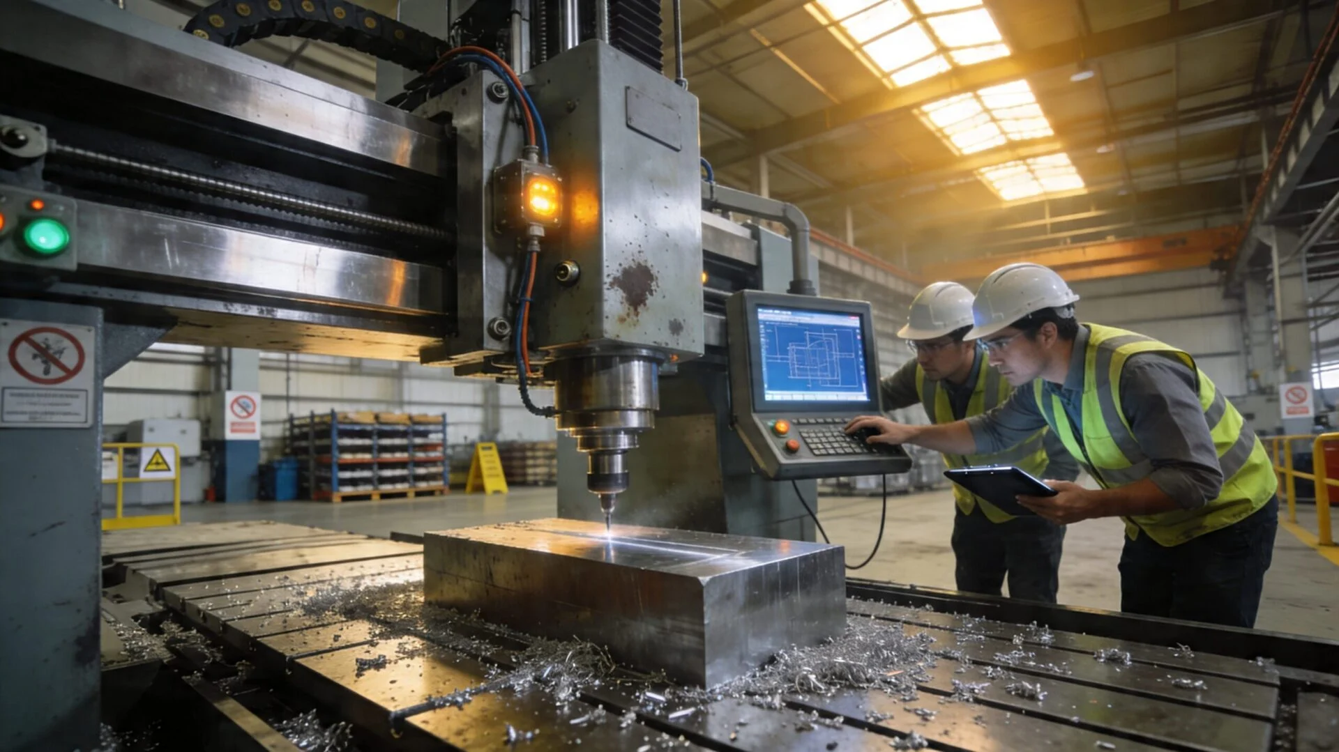 Engineers observing the first run of new industrial machinery