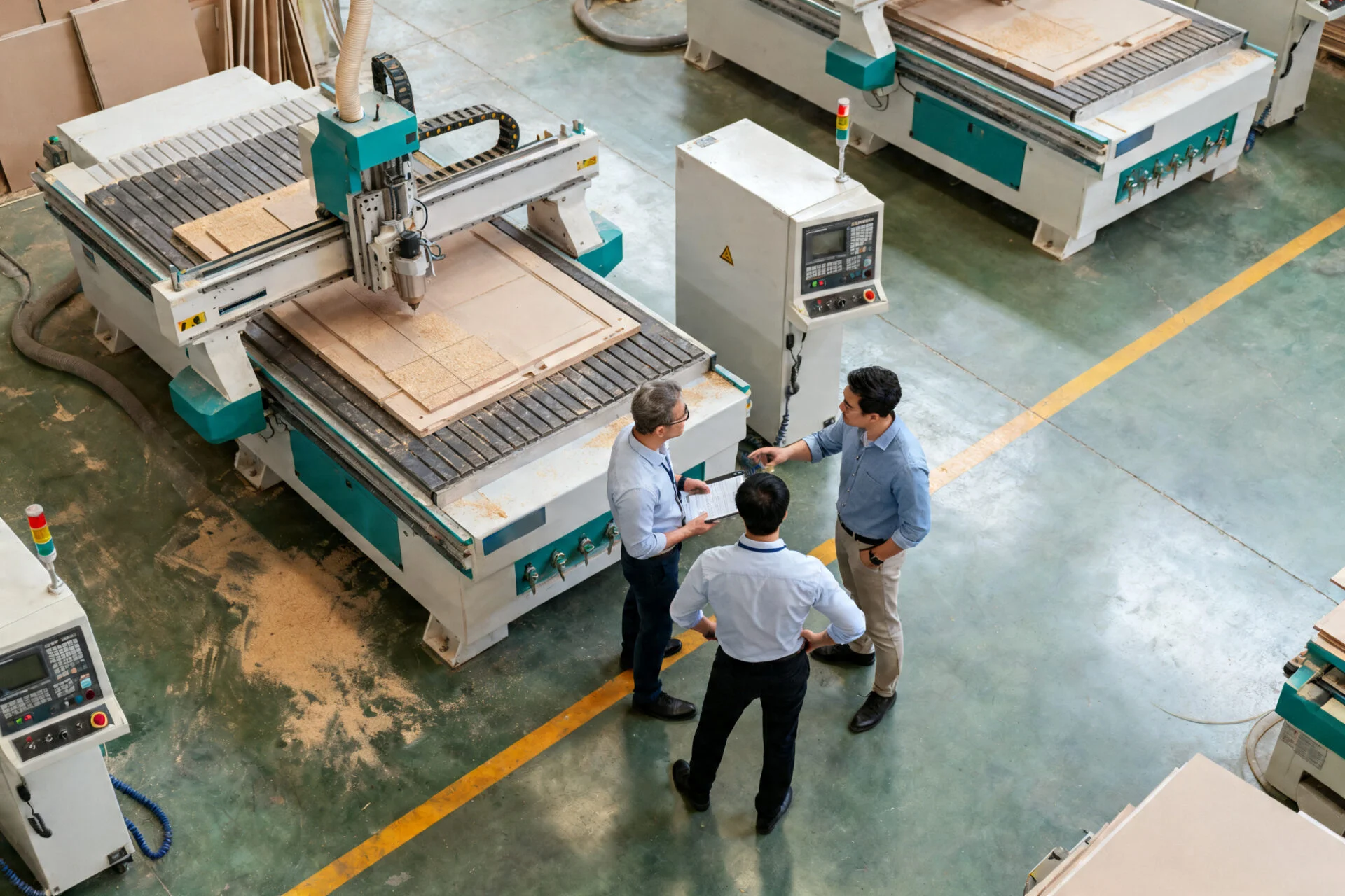 Factory floor with CNC machines and engineers consulting
