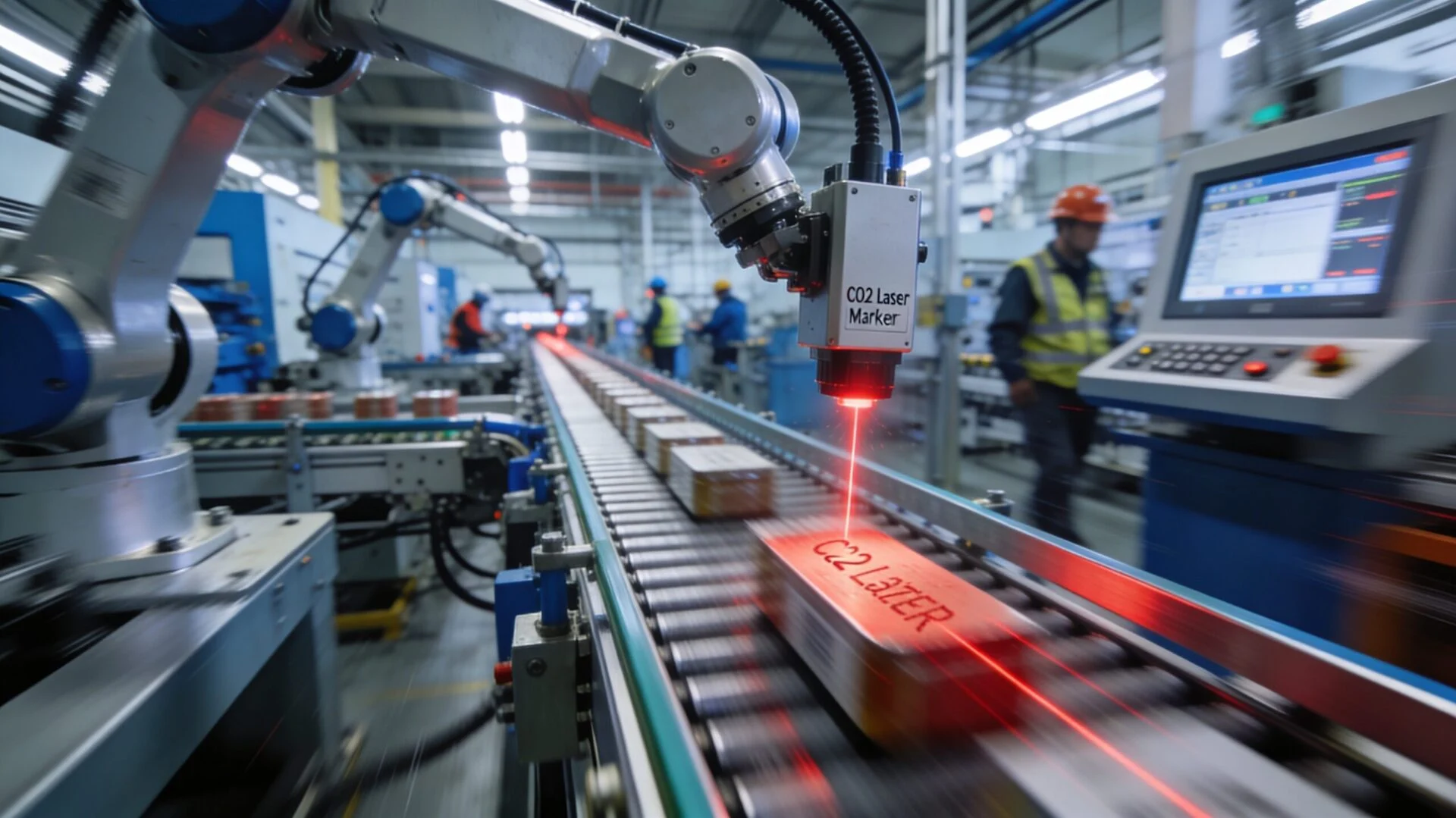 Flying CO2 laser marker for industrial production lines