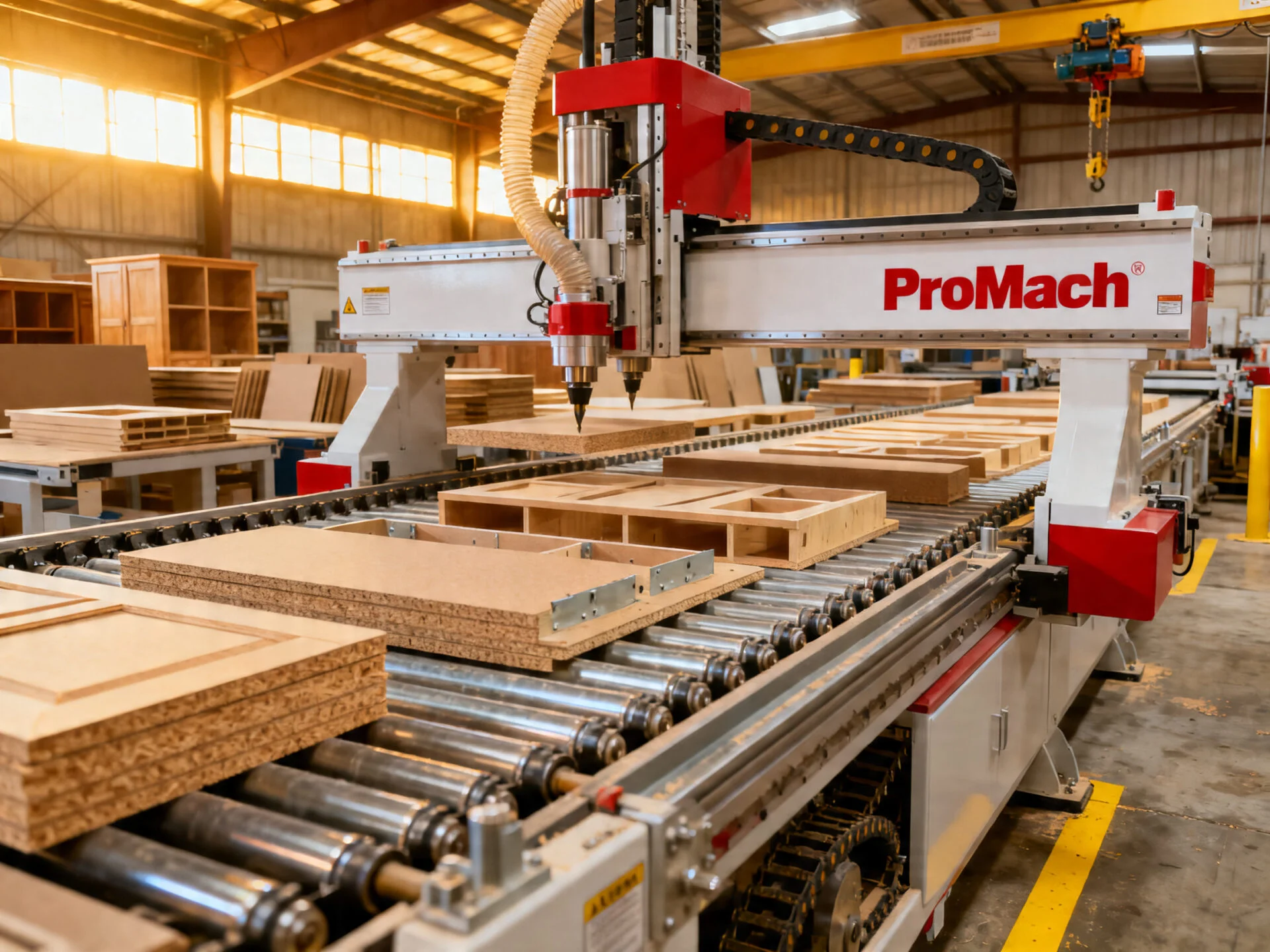 Furniture production line with automated CNC machinery