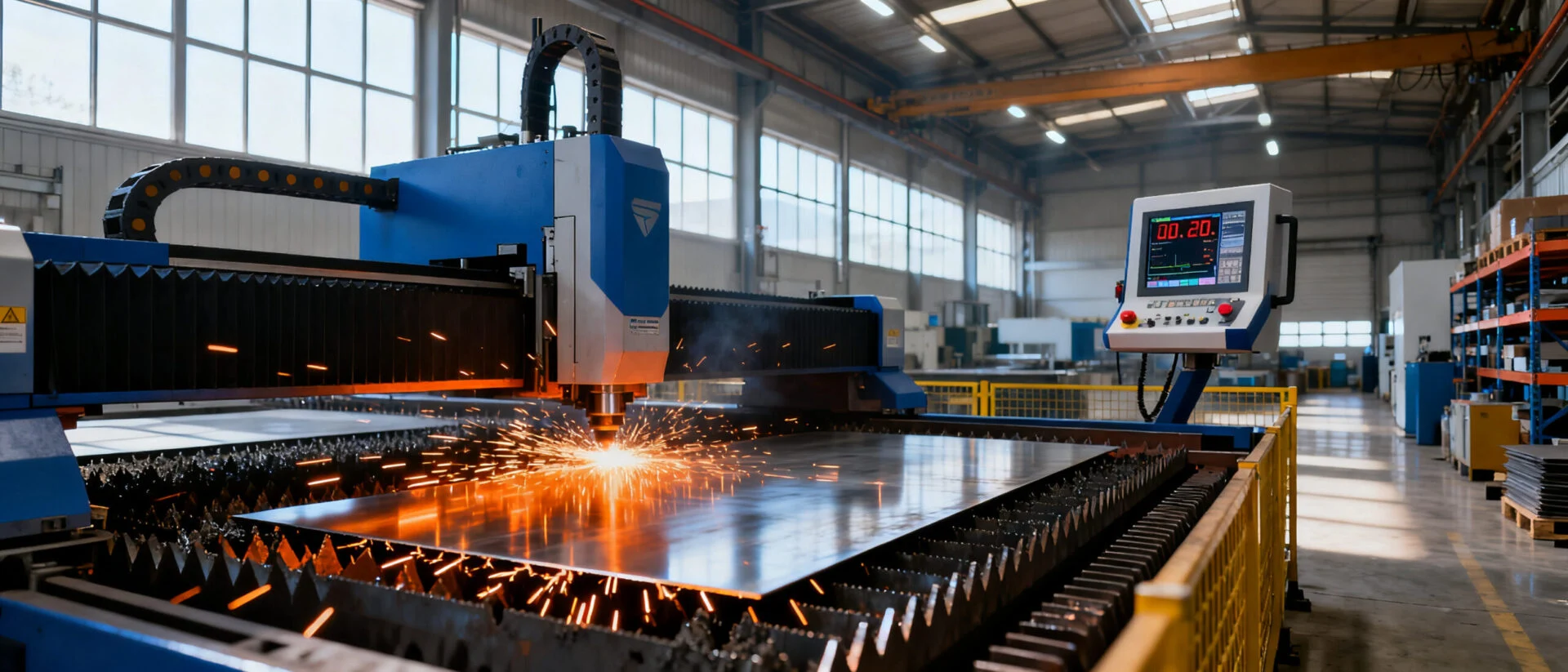 High power fiber laser metal cutting machine processing thick steel sheets on the factory floor