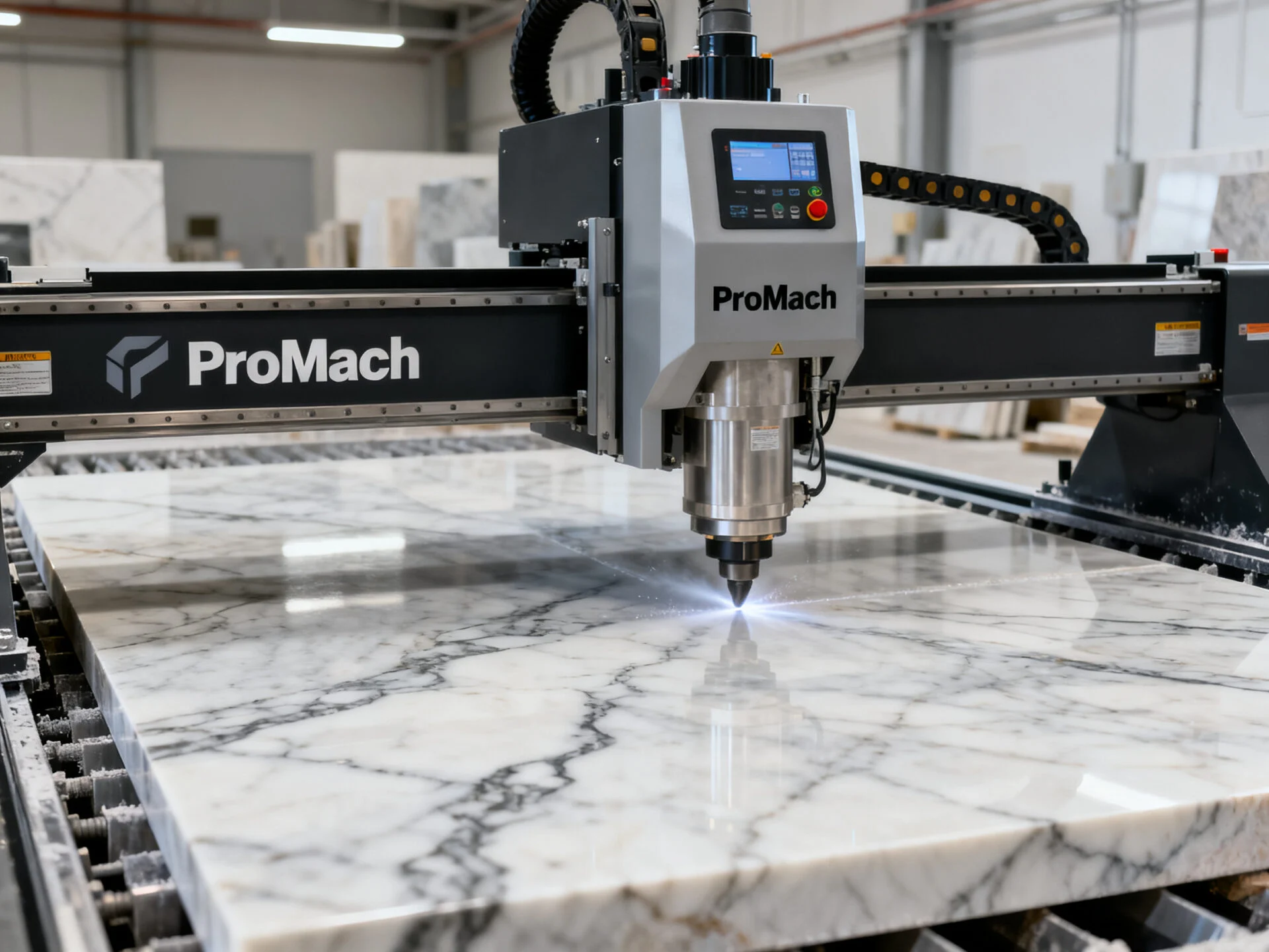 High-rigidity stone CNC router processing a heavy marble slab