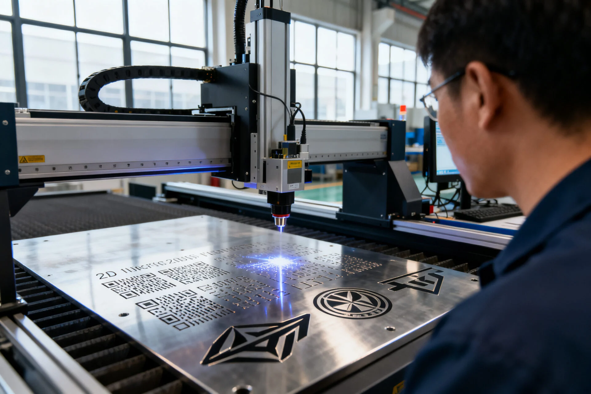 High-speed industrial fiber laser marking system in operation
