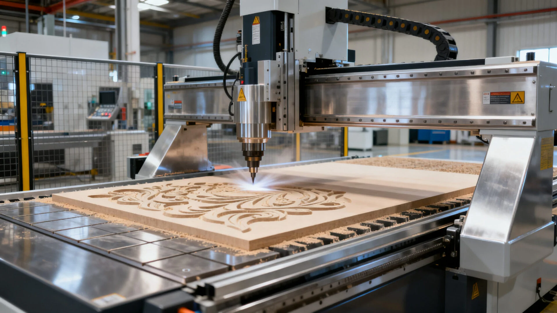 Industrial CNC router machine operating inside factory