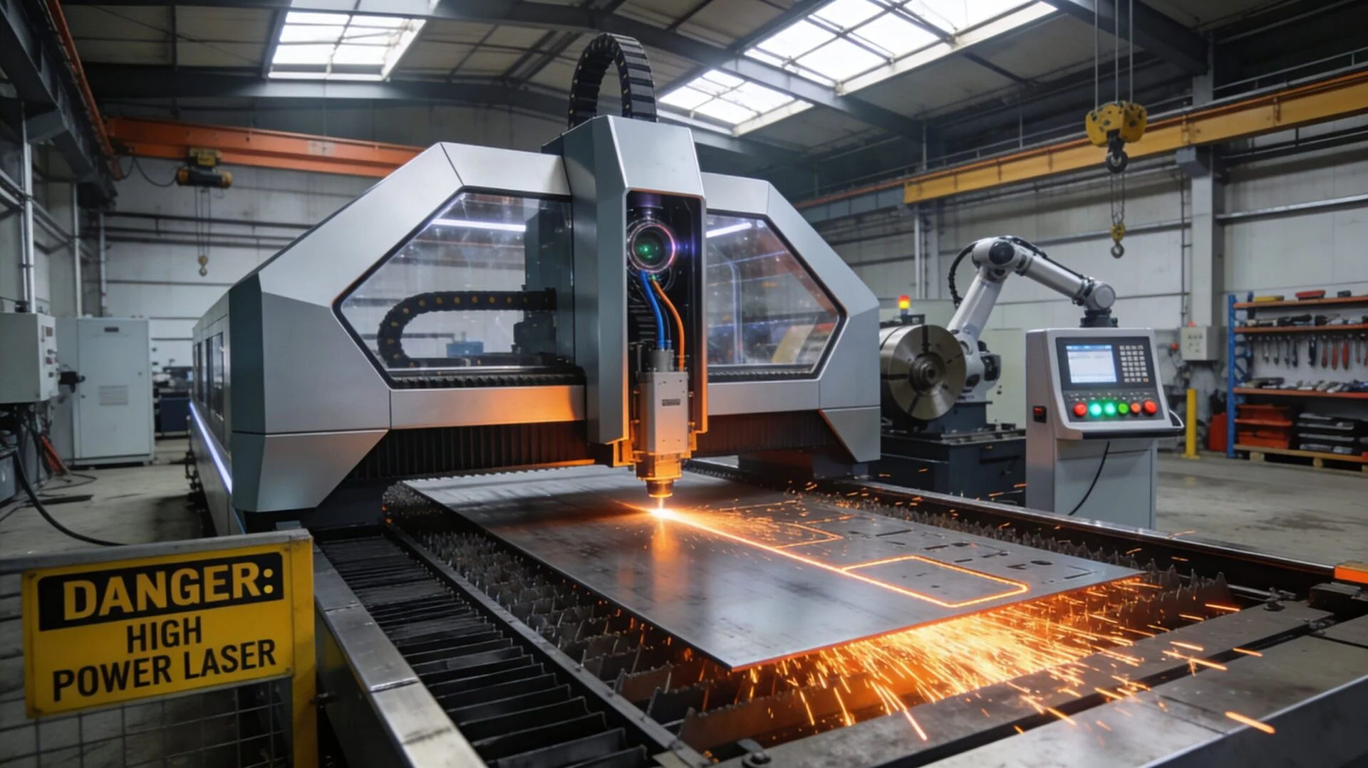 Industrial fiber laser cutting machine demonstrating high-speed metal fabrication