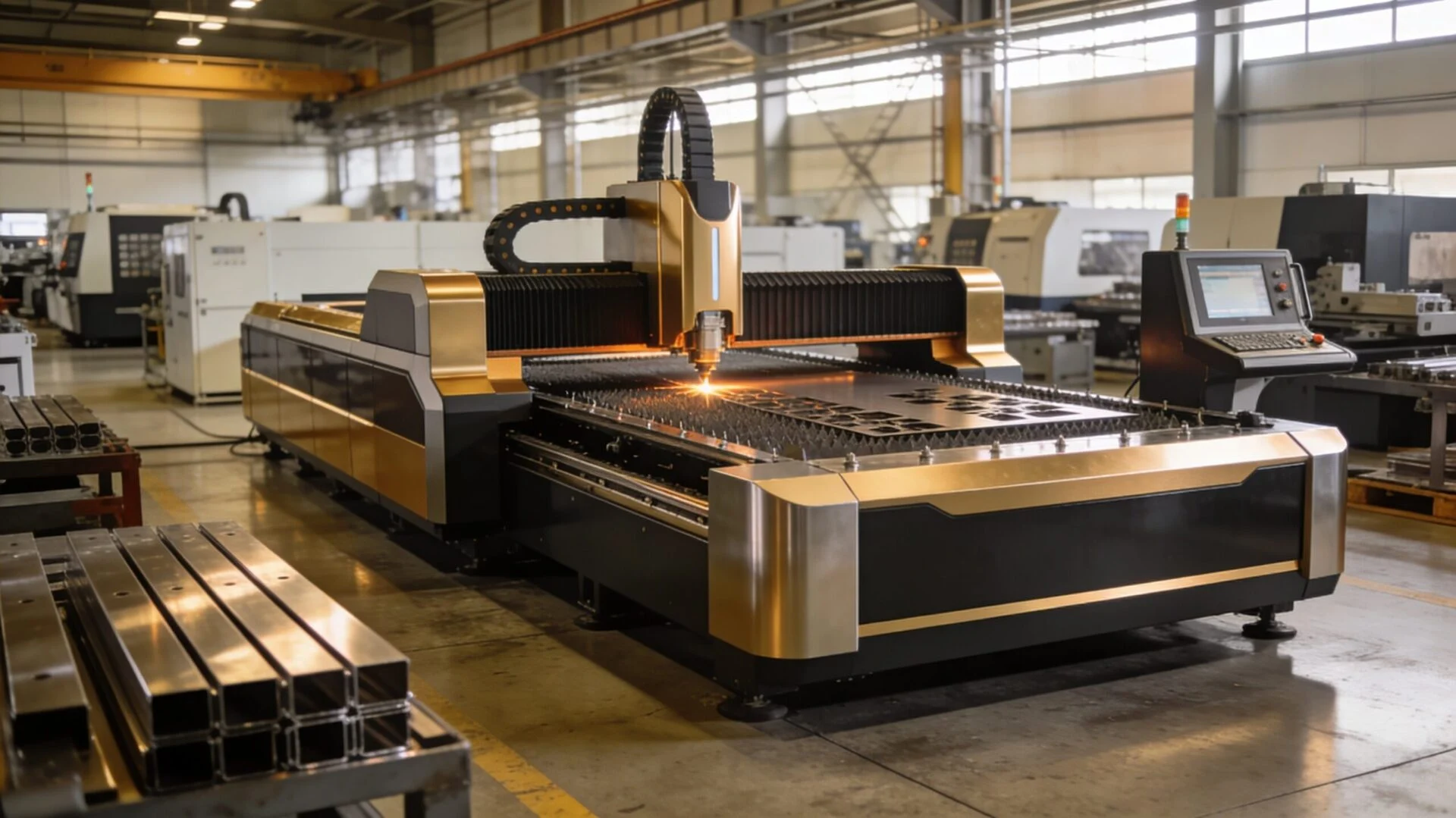 Industrial fiber laser cutting machine in a manufacturing environment