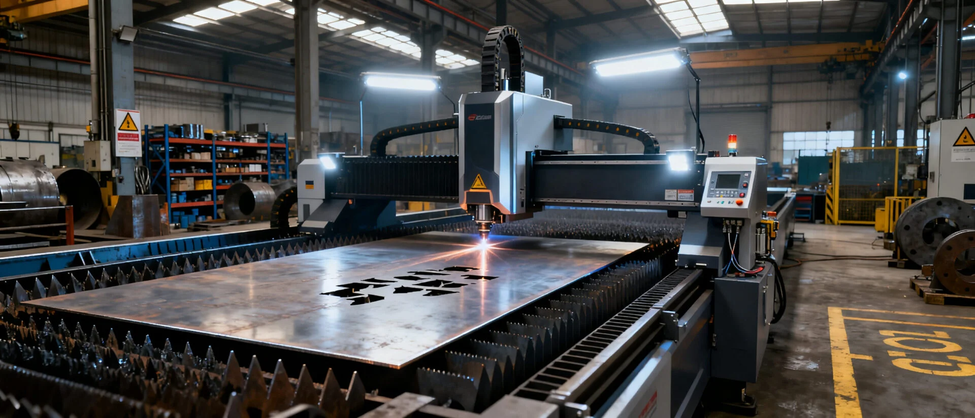 Industrial fiber laser metal cutting machine processing thick steel plate