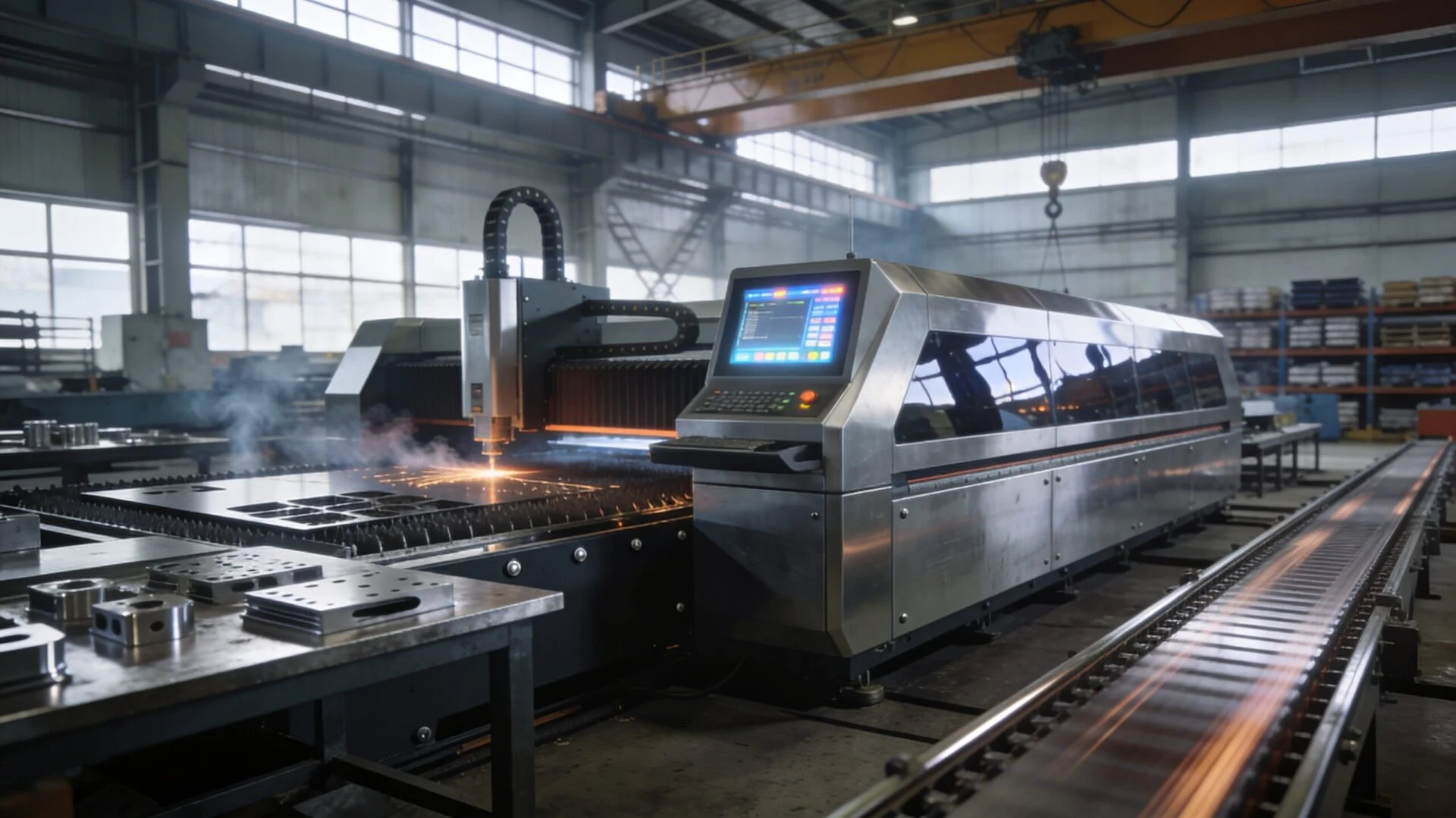 Industrial laser cutting machine in a manufacturing facility
