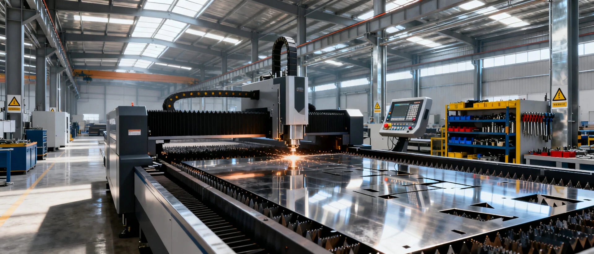 Industrial laser cutting machine in a production environment