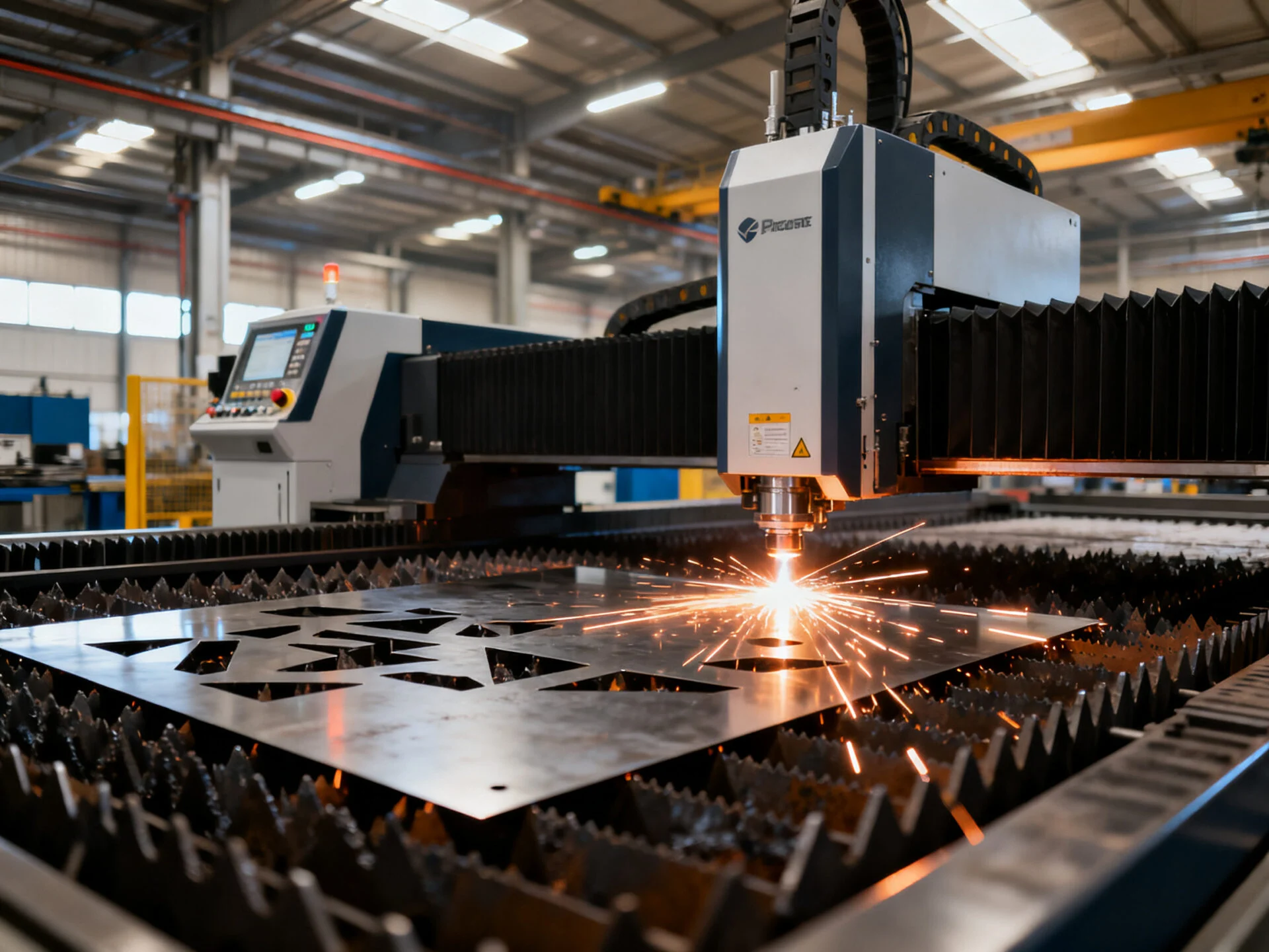 Industrial sheet metal laser cutting machine in operation