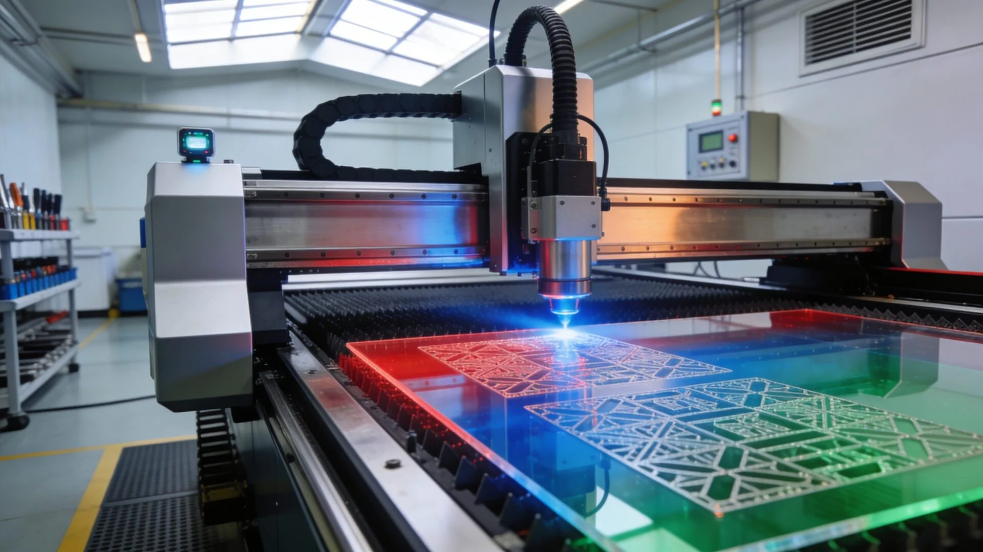 Laser processing machine showing material effects showcase production
