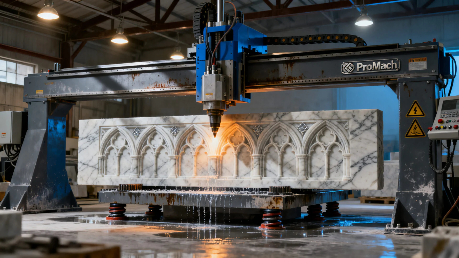 Marble engraving machine executing intricate architectural patterns