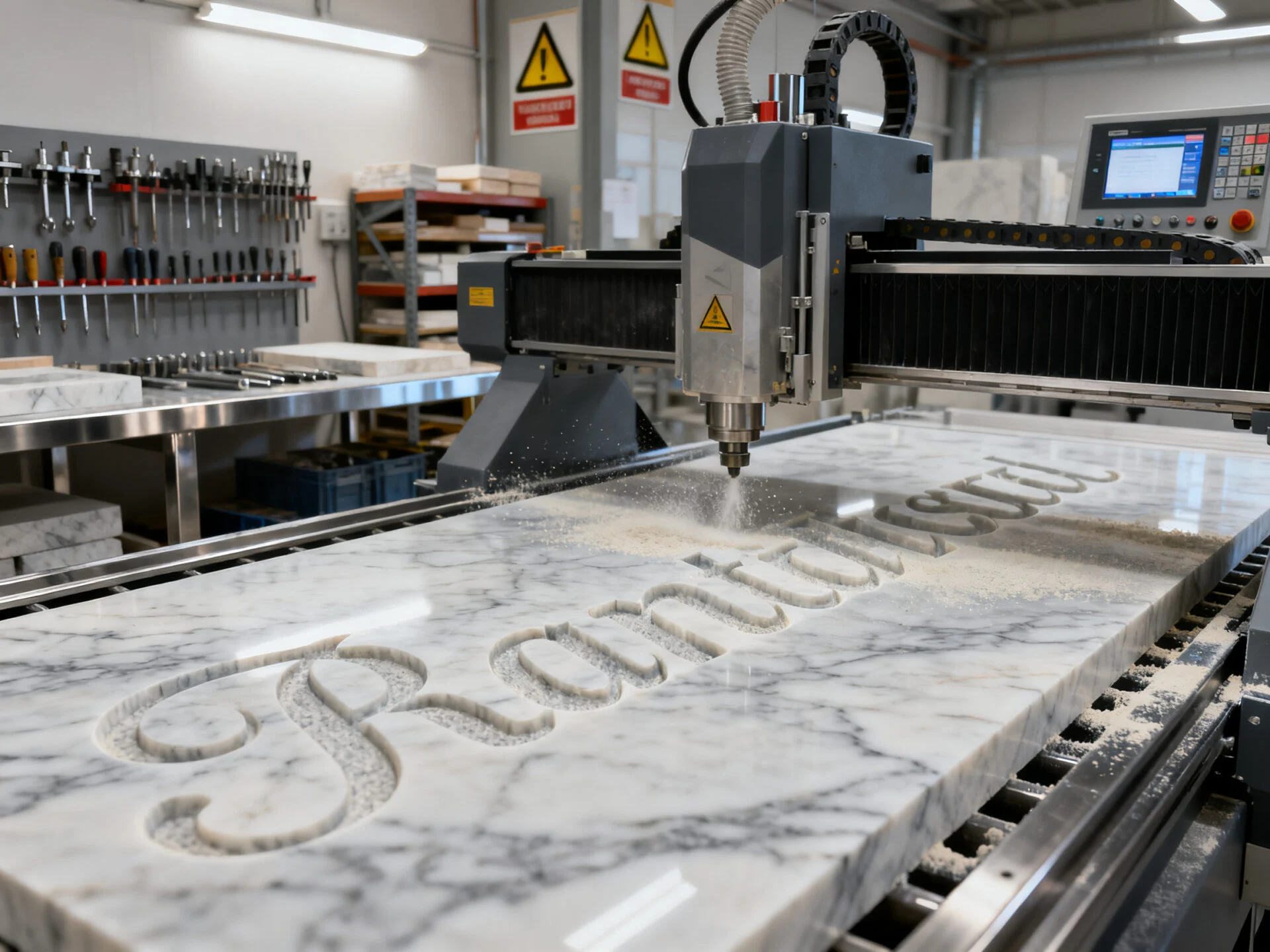 Marble font engraving by CNC machine