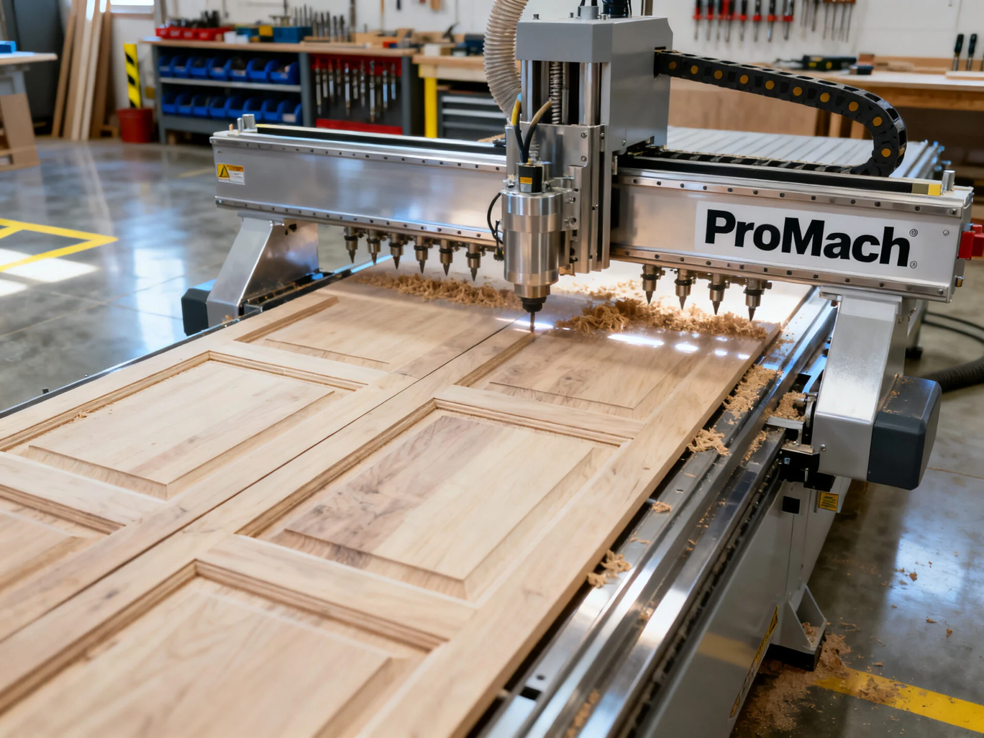 Nesting CNC machine processing cabinet panels for furniture production