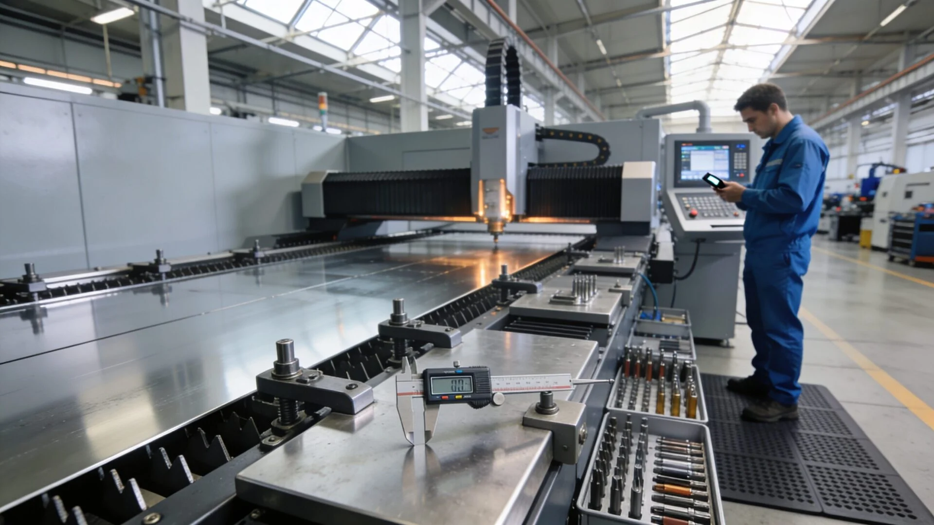 Precision machining of CNC laser machine beds at ProMach factory