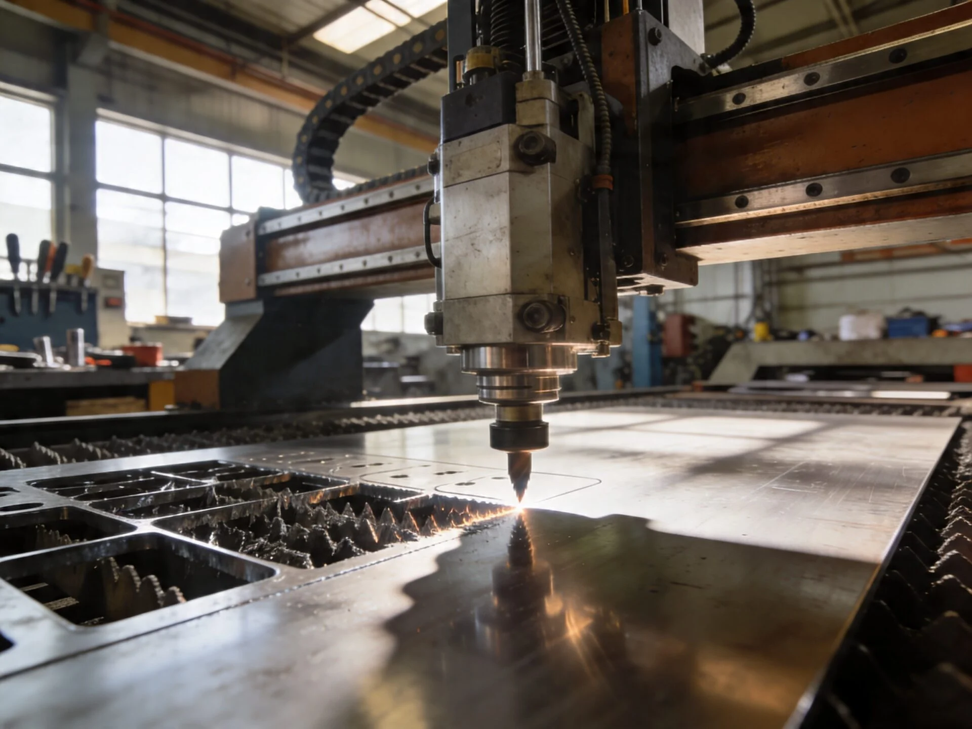 ProMach CNC machinery cutting metal sheet in an industrial factory