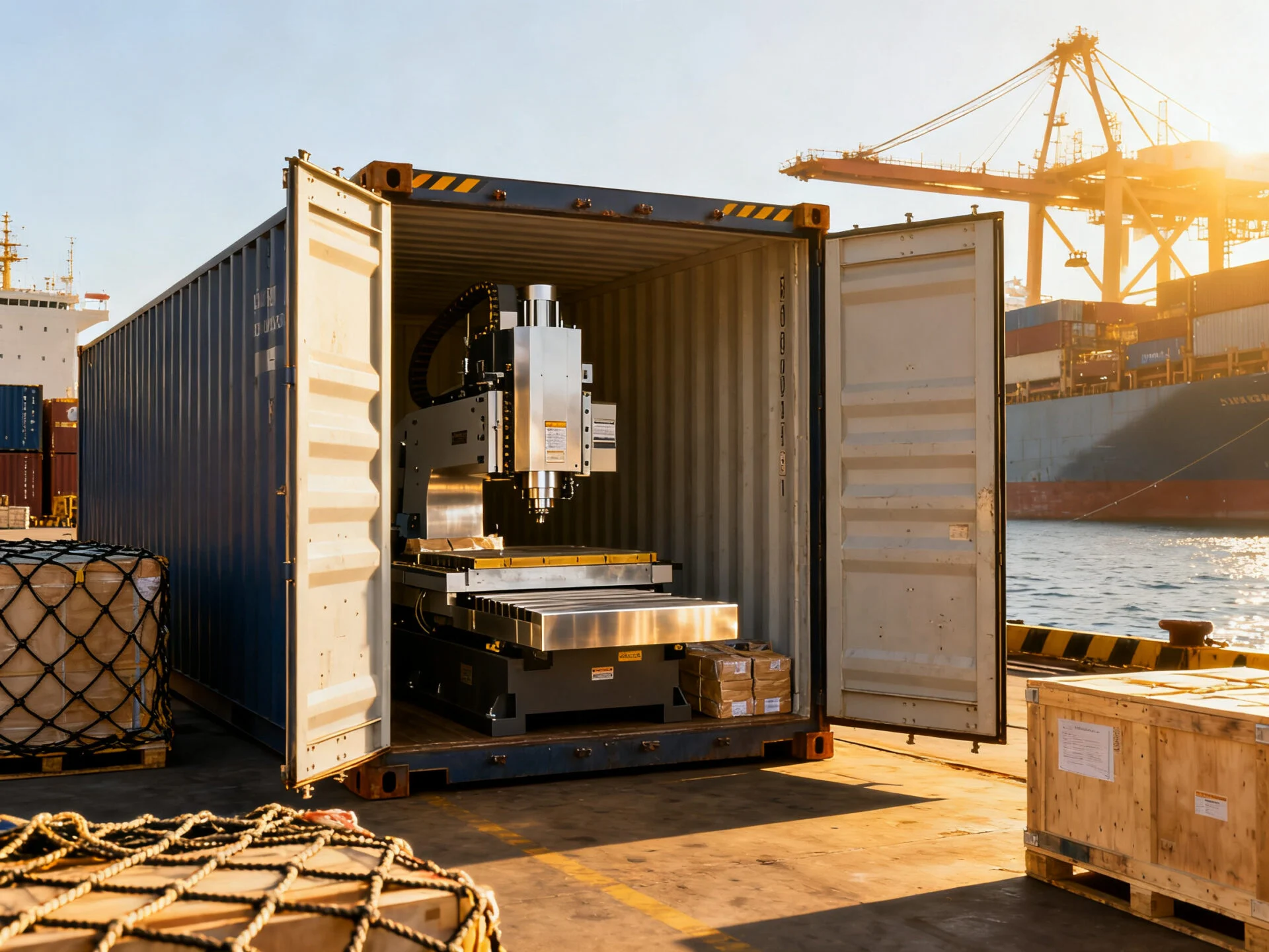 ProMach CNC machinery secured in ocean freight container for global export