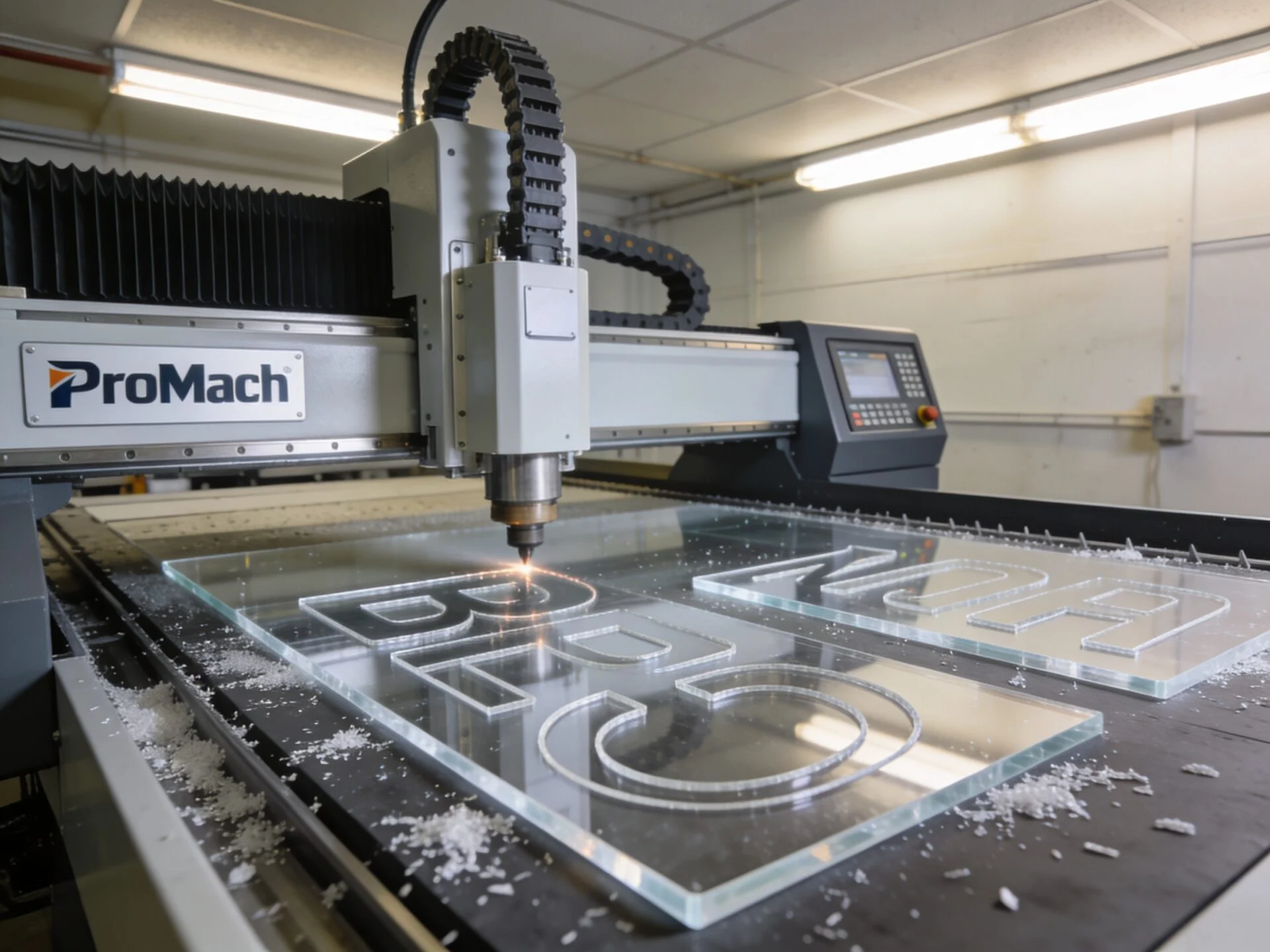 ProMach CNC router cutting high-precision acrylic signage in a professional workshop