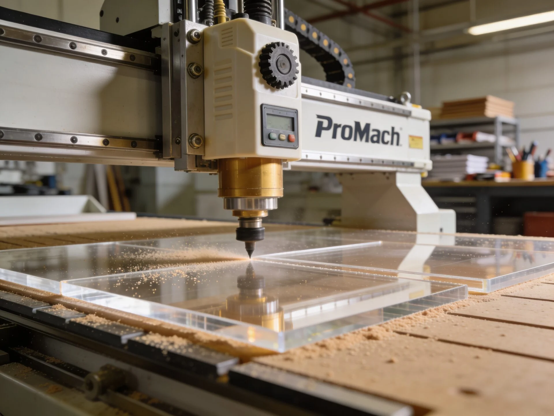 ProMach CNC router cutting thick acrylic for signage