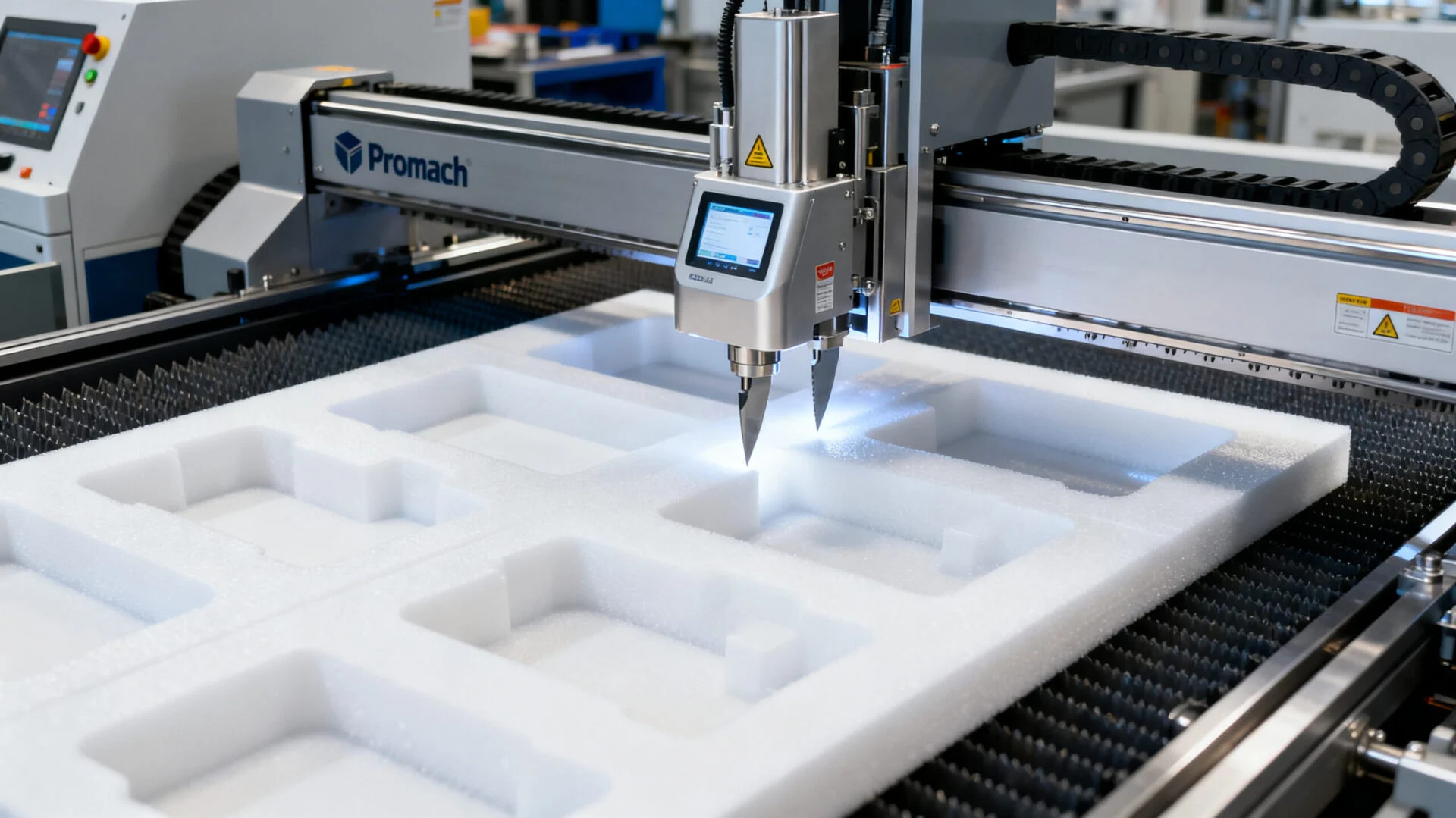 ProMach digital knife cutter processing foam packaging inserts