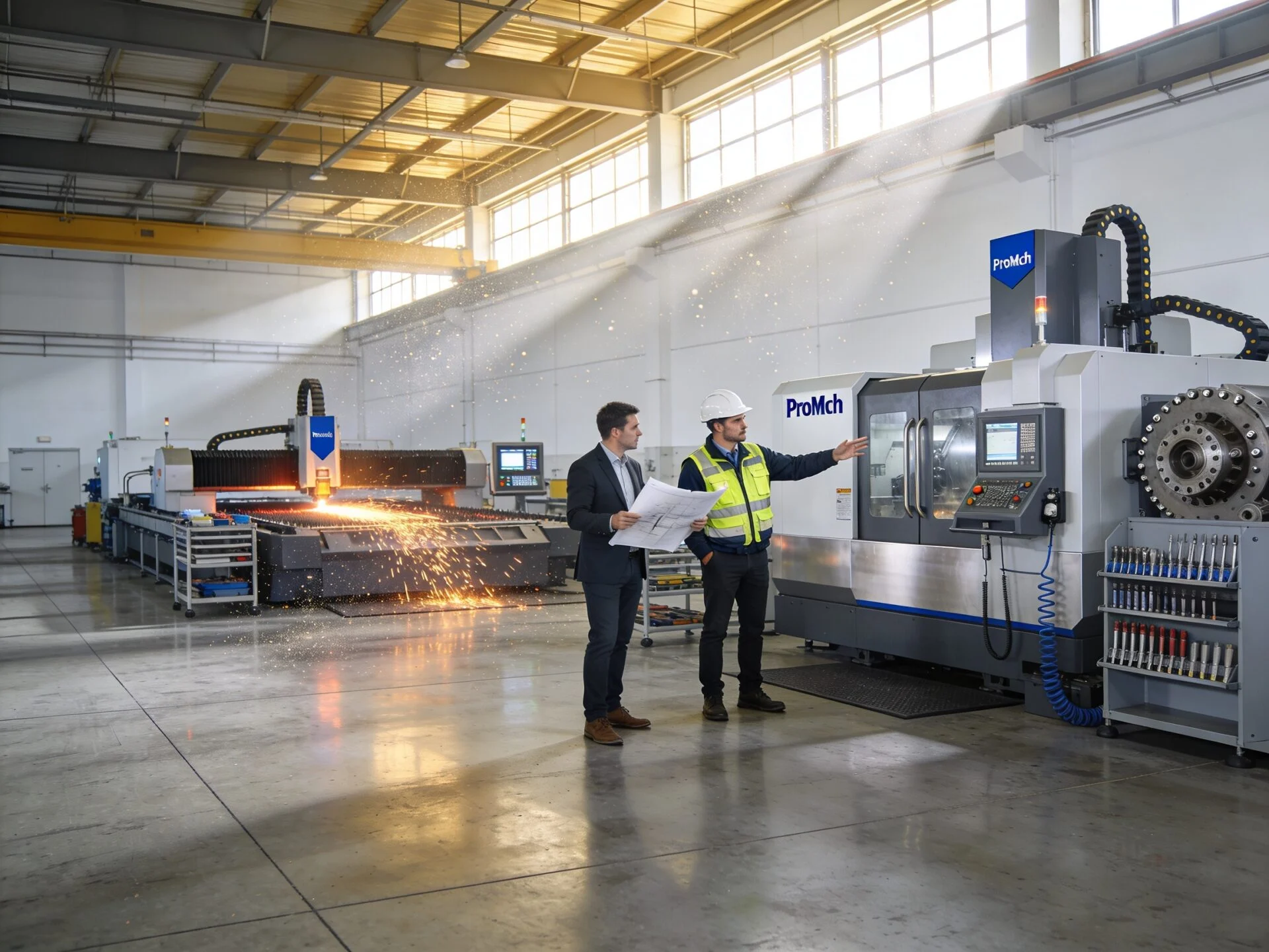 ProMach engineer consulting with a client on custom CNC and industrial laser cutting equipment specifications