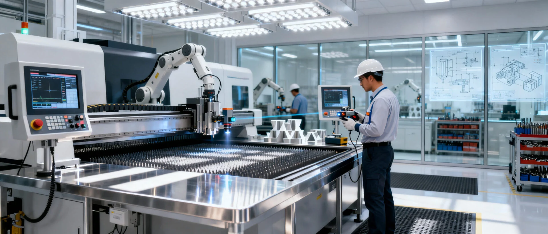 ProMach engineers evaluating proprietary laser machine technology and CNC innovations