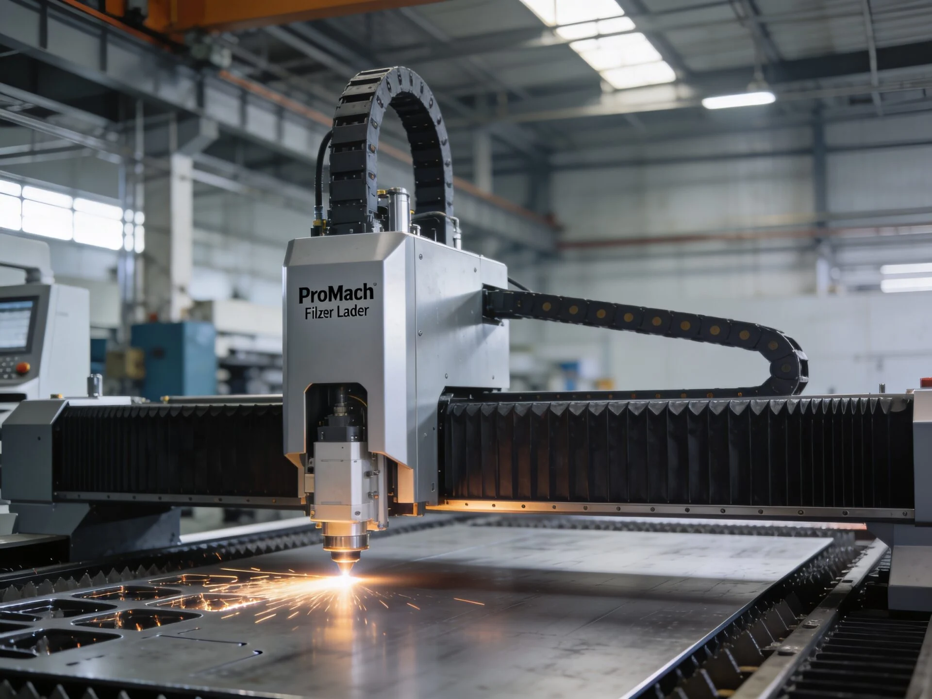 ProMach fiber laser cutting system processing industrial steel plate