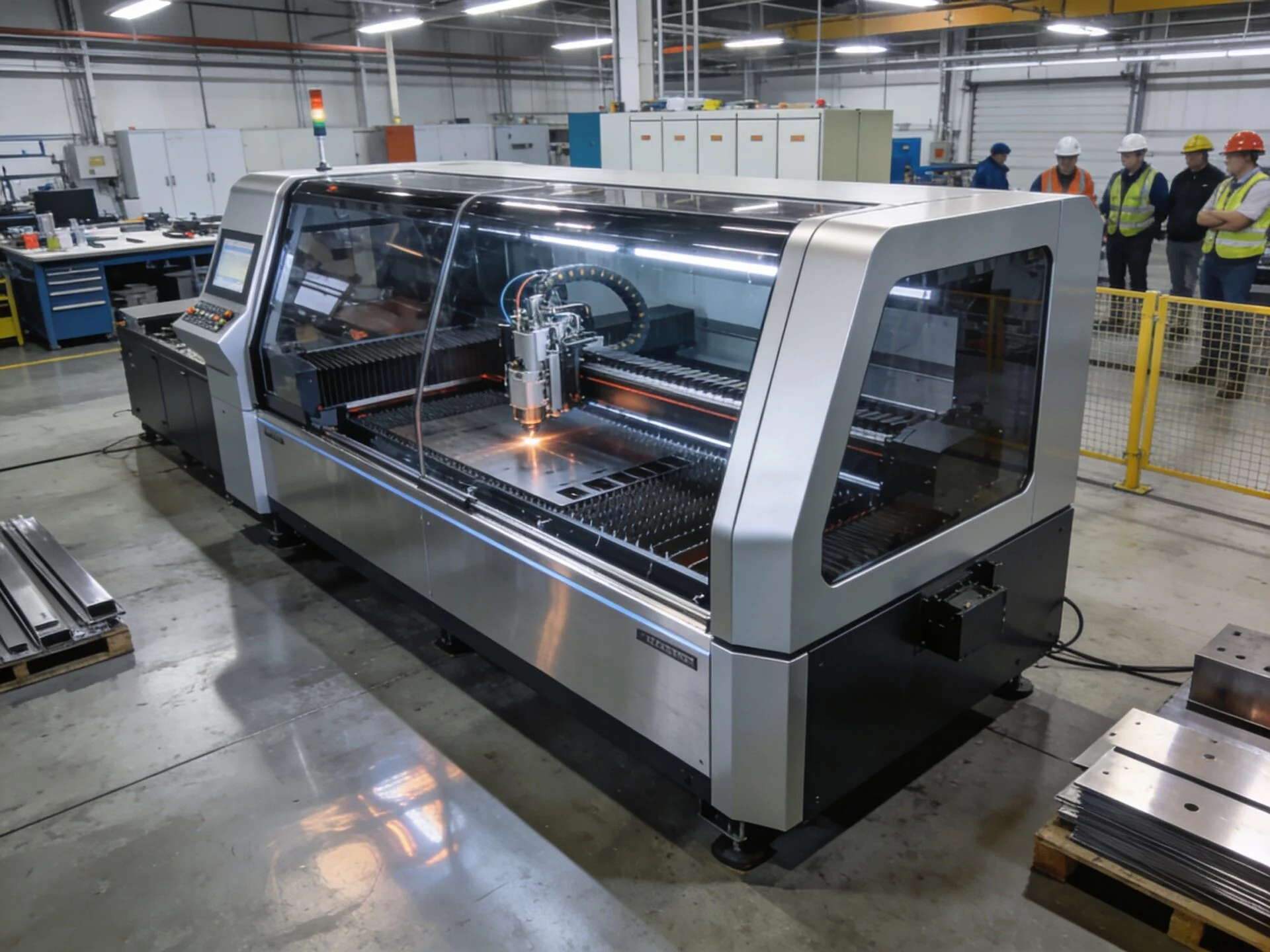 ProMach hybrid laser cutting system processing metal and non-metal materials in a workshop