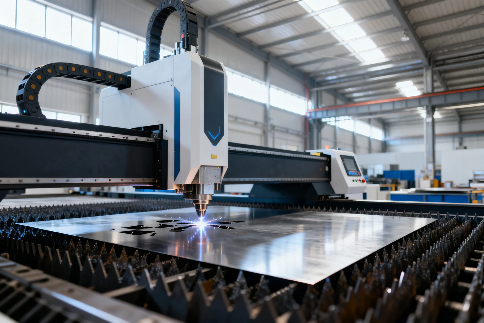 ProMach industrial fiber laser cutting machine processing metal in a manufacturing facility