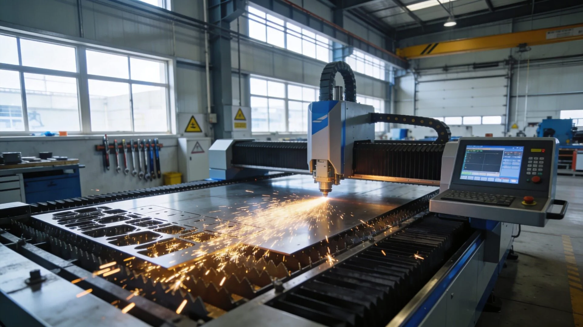 ProMach industrial fiber laser cutting machine processing metal parts in a factory