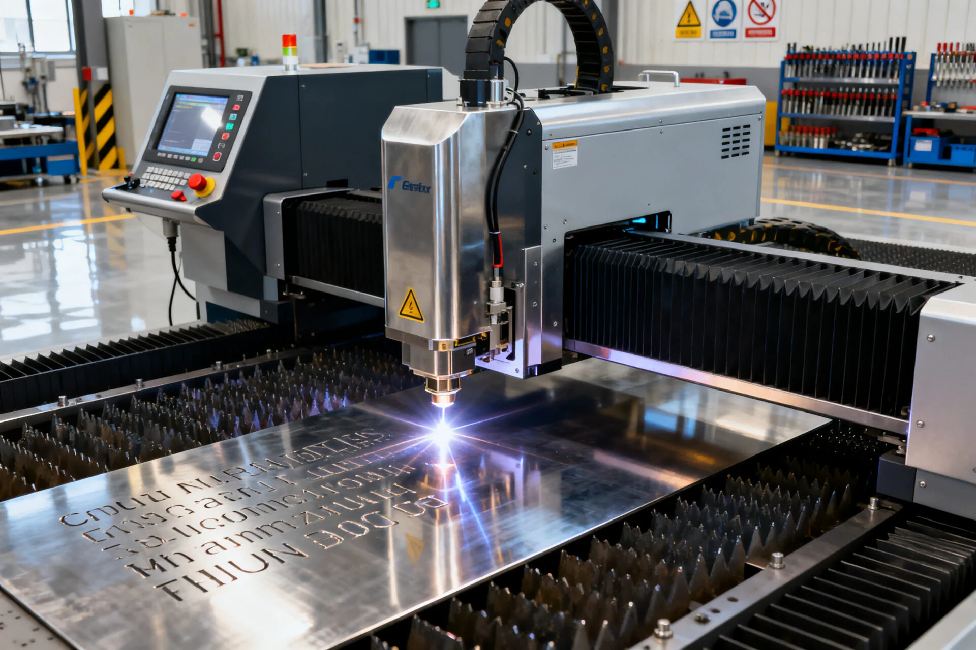 ProMach industrial fiber laser marking machine performing high-speed precision metal engraving