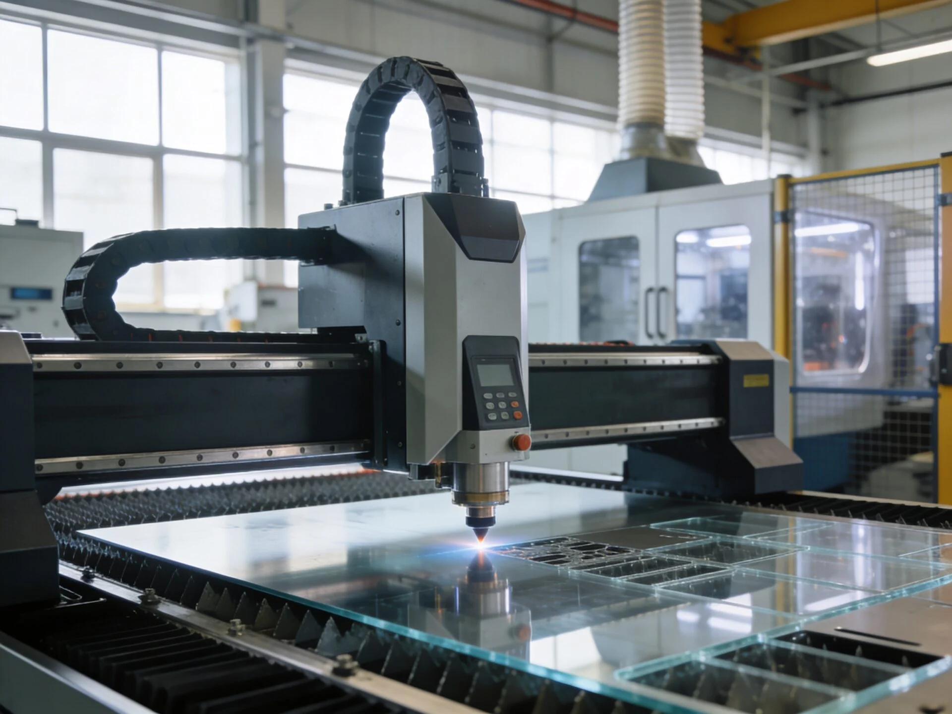ProMach industrial hybrid laser cutting machine detailing robust bed and advanced cutting head