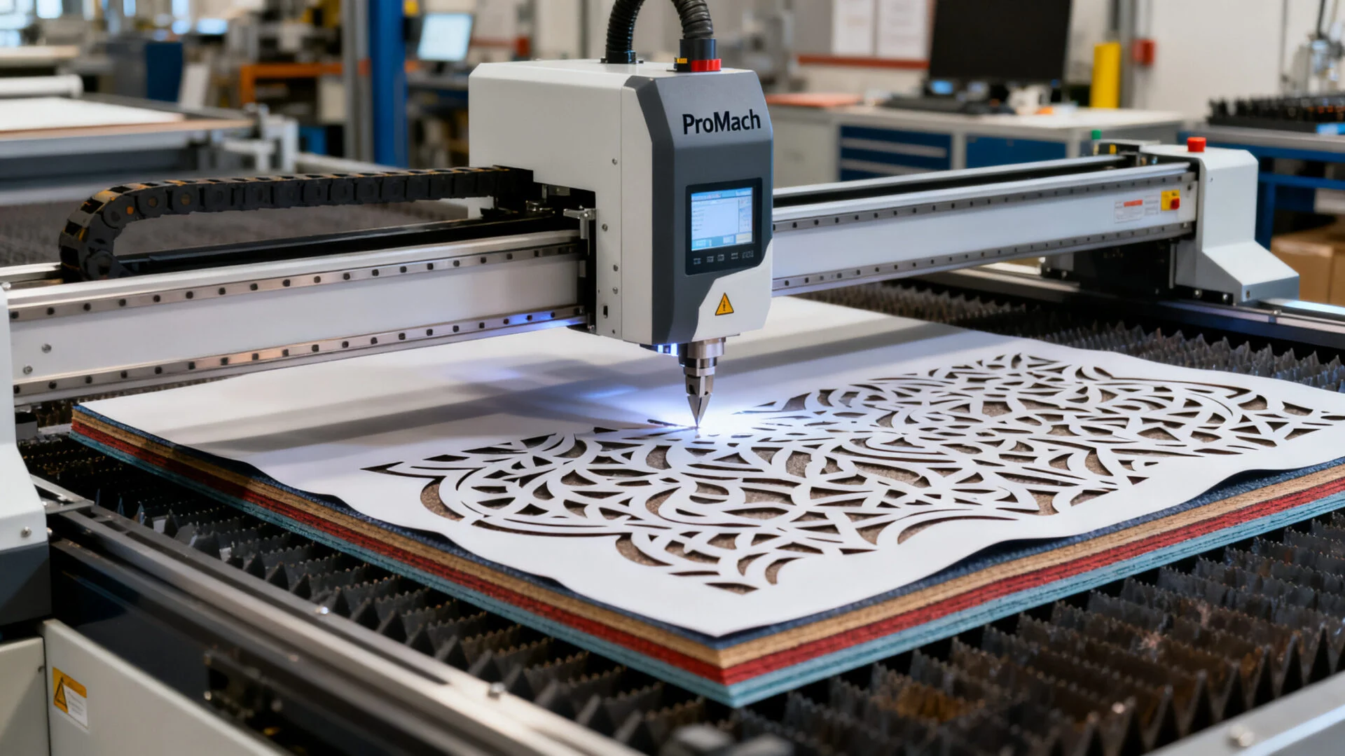 ProMach industrial laser and digital knife cutting system in operation