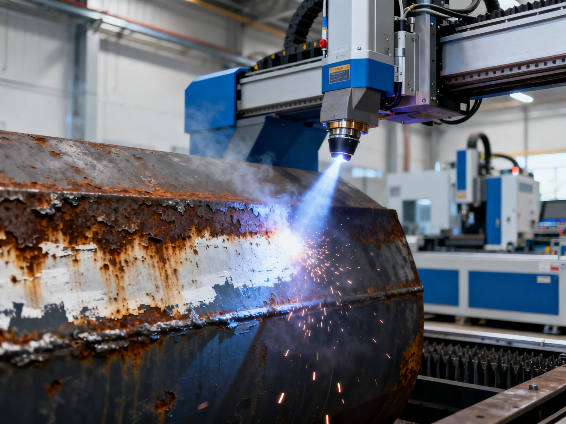 ProMach industrial laser cleaning machine removing heavy rust and paint from metal surfaces