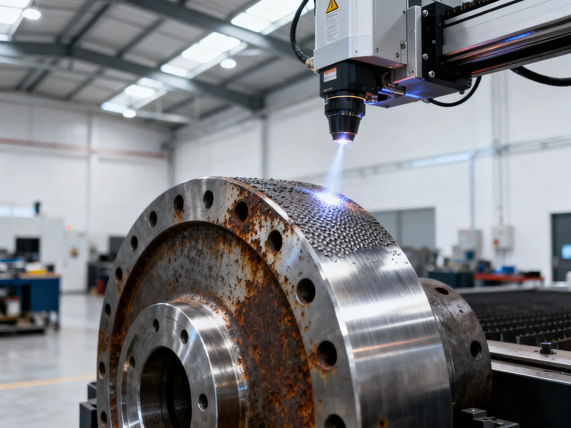 ProMach industrial laser cleaning system showing precise rust removal on metal components