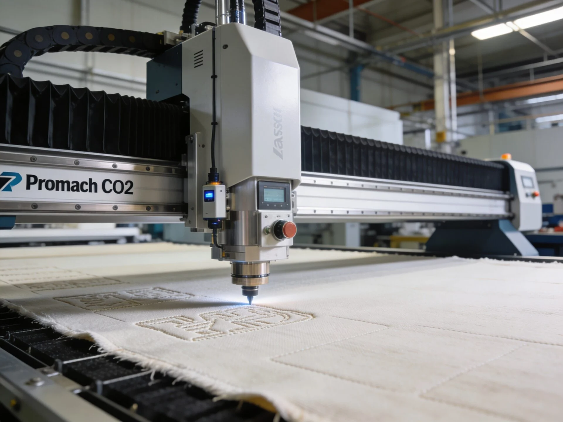 ProMach industrial laser cutting system processing textile materials