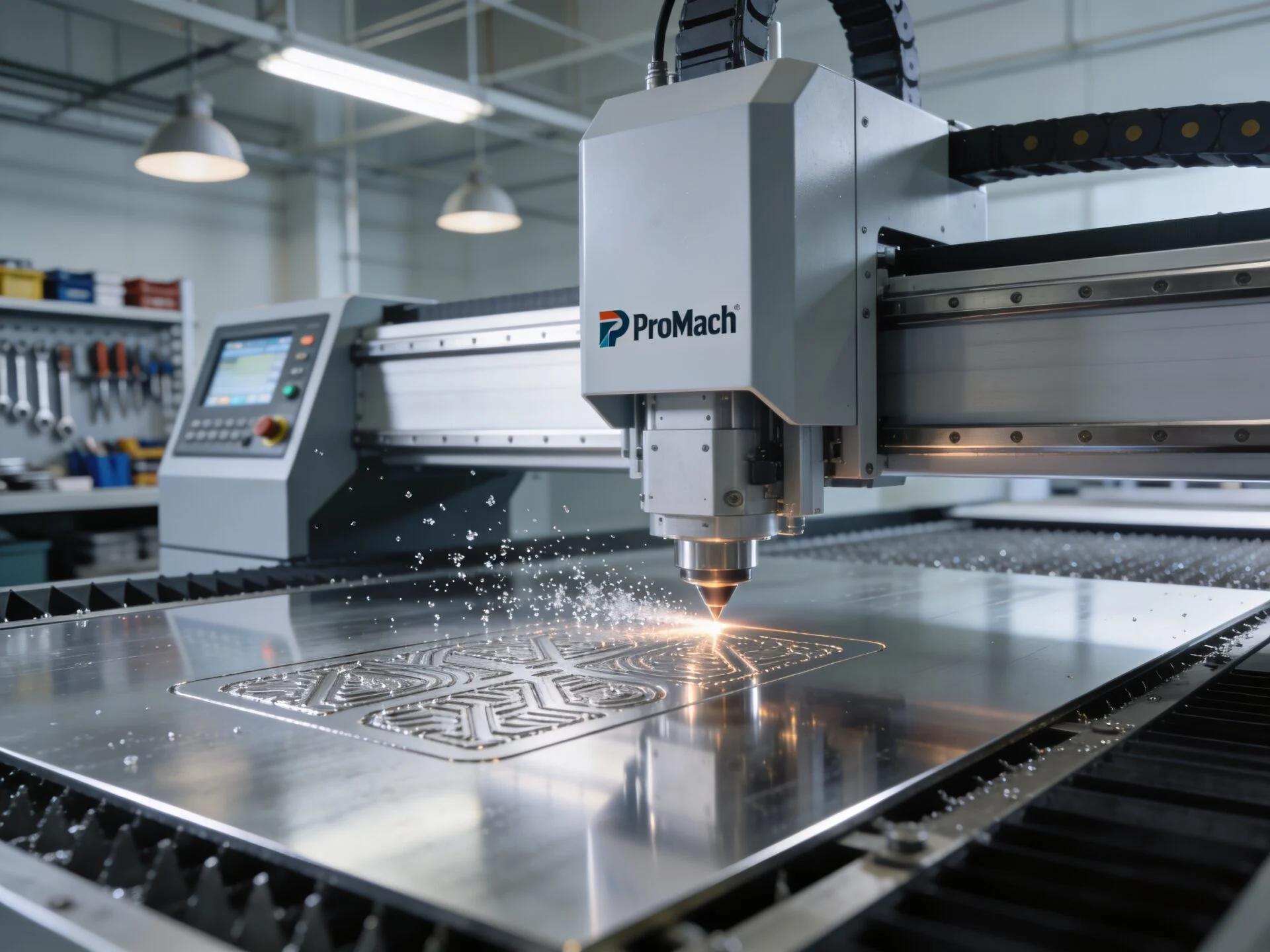 ProMach industrial laser engraver performing high-contrast marking on metal components