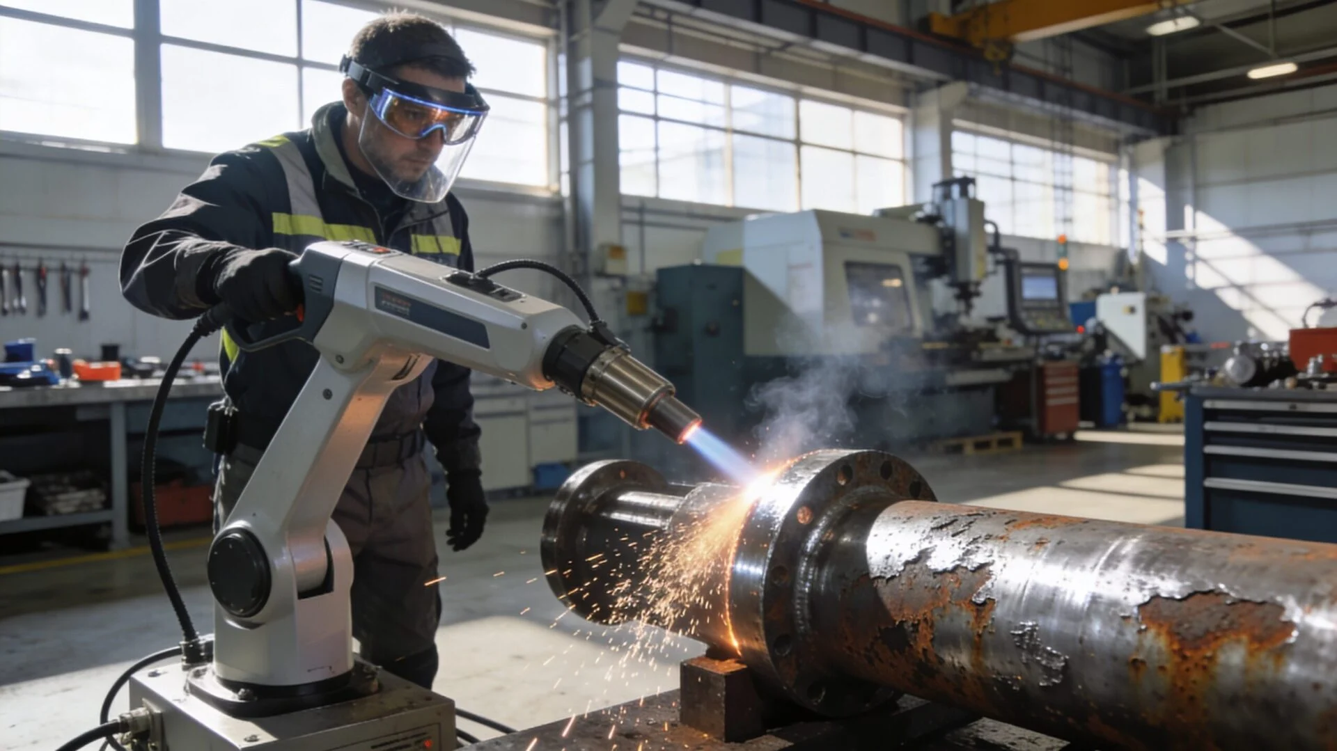 ProMach laser cleaning system performing industrial rust removal on metal