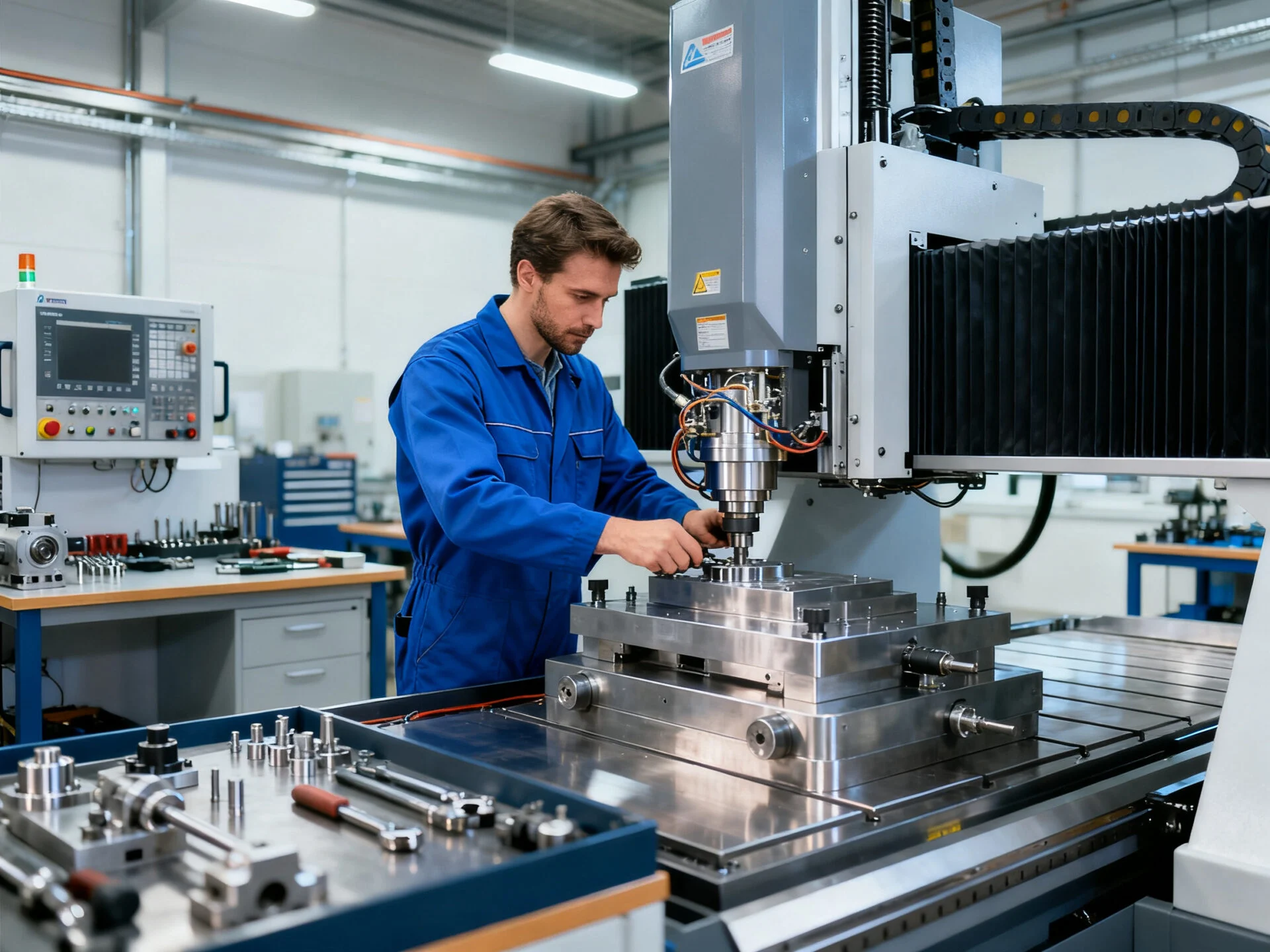 ProMach technician performing maintenance on a 4-axis CNC router