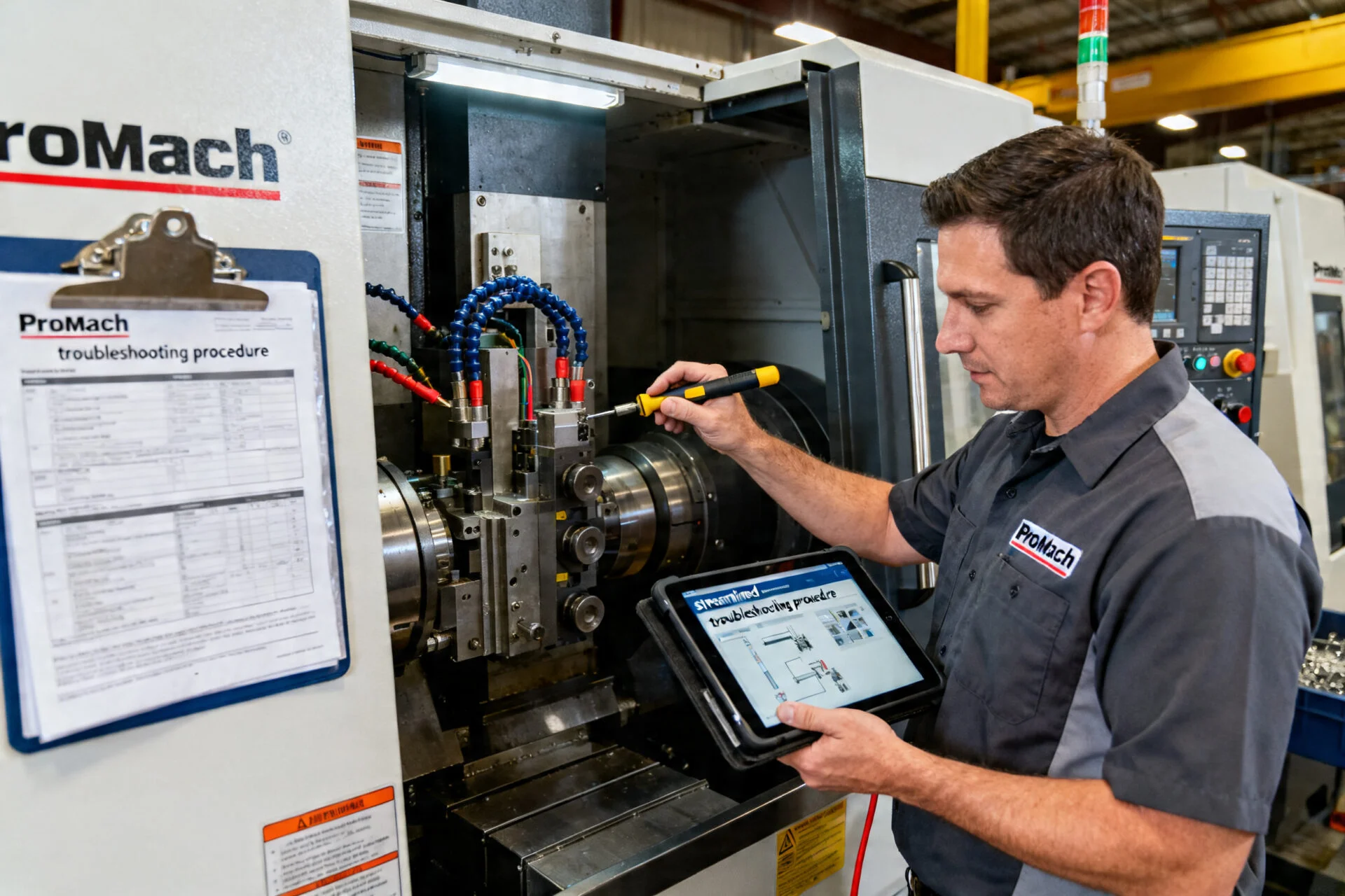 Repairman servicing a CNC machine, illustrating service procedures