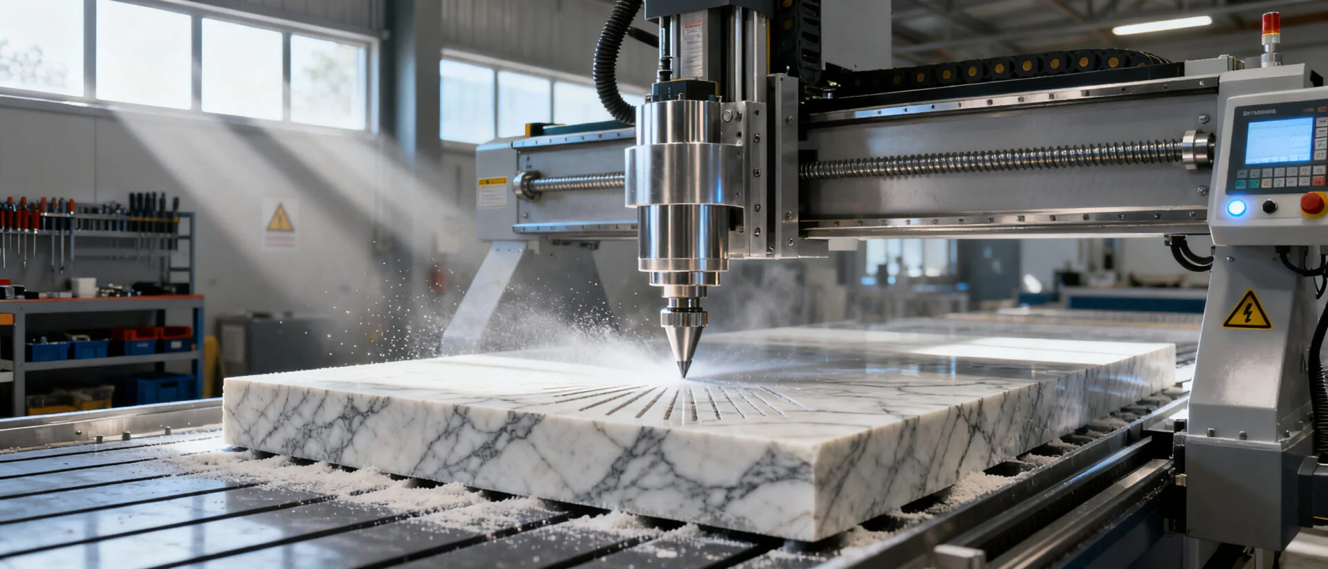 Close-up of ProMach engraving machine working on marble
