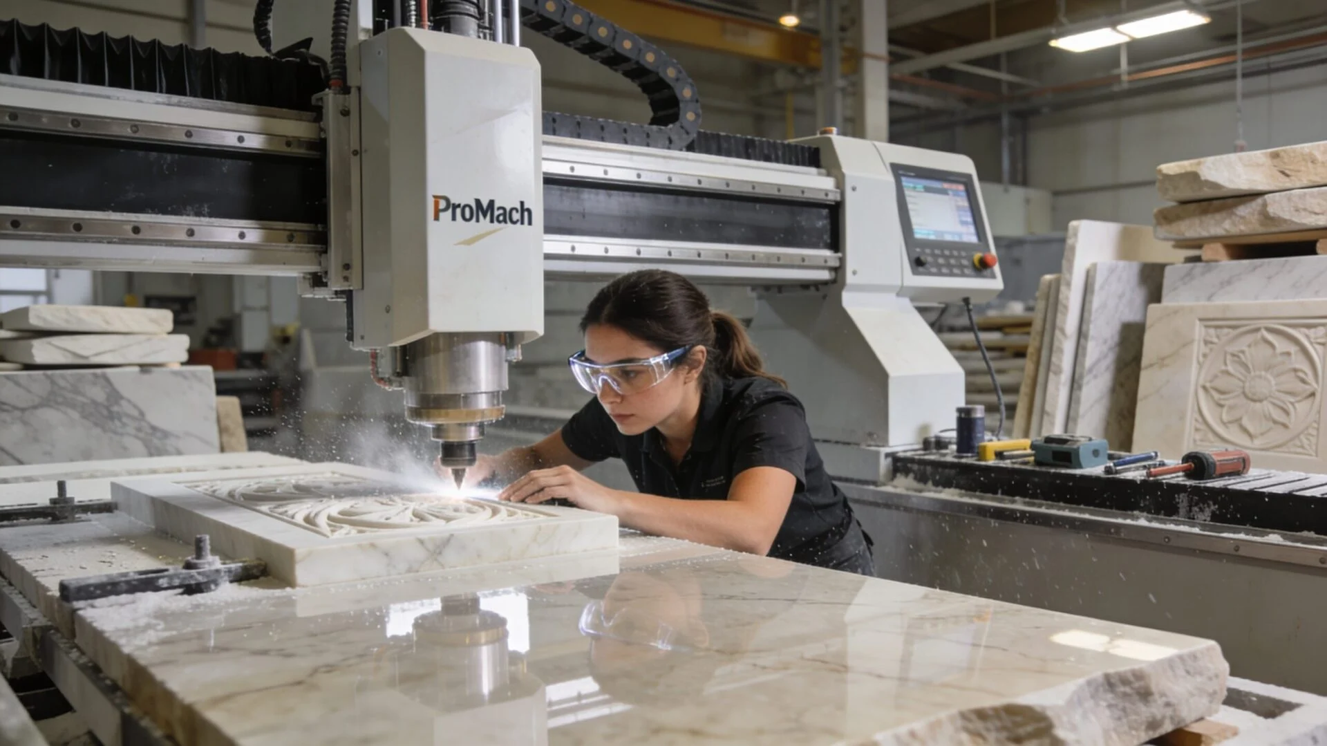 Stone CNC router for cutting, engraving, drilling, and polishing applications