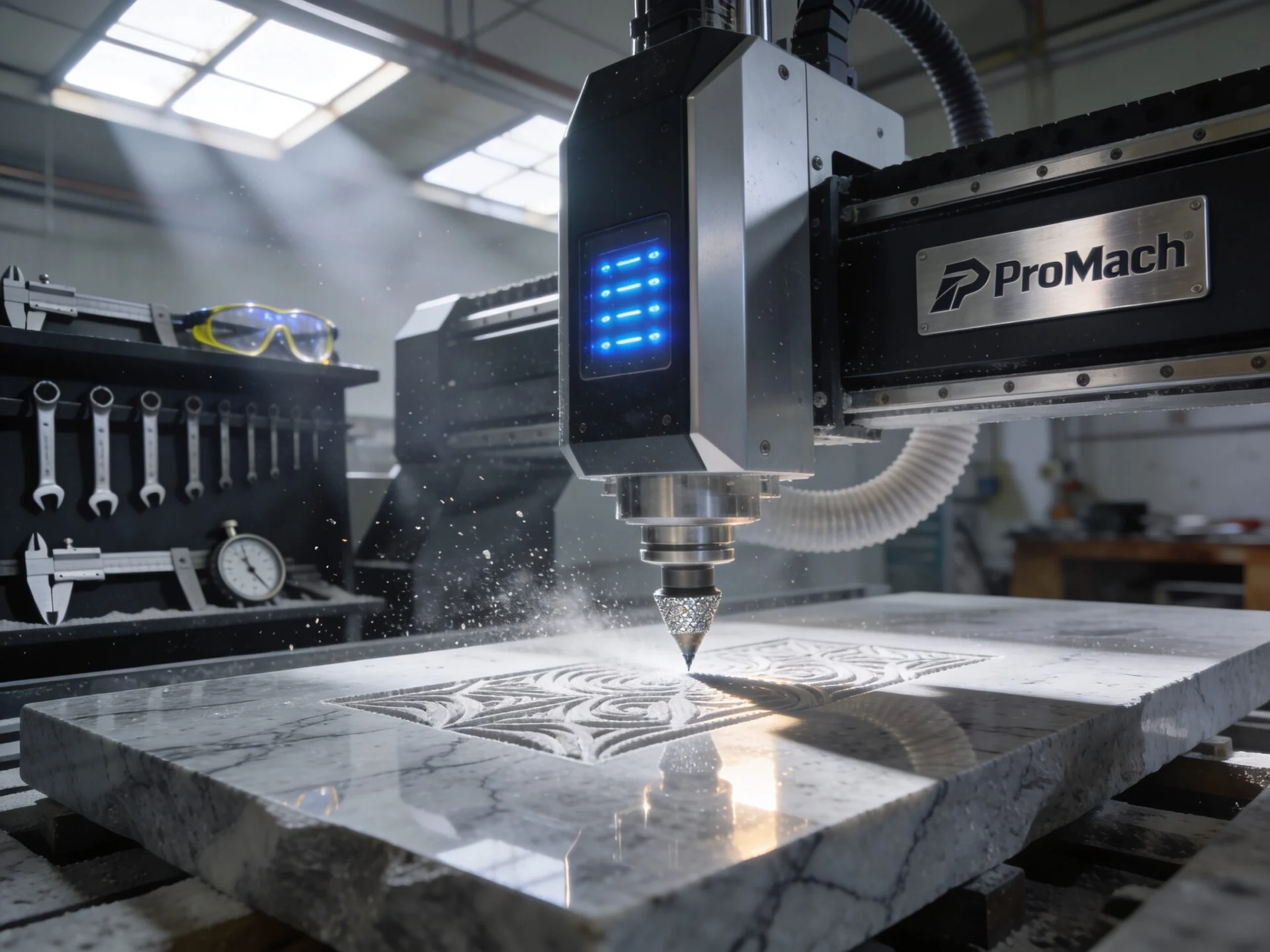 Stone project workflow with machining equipment in a production setting